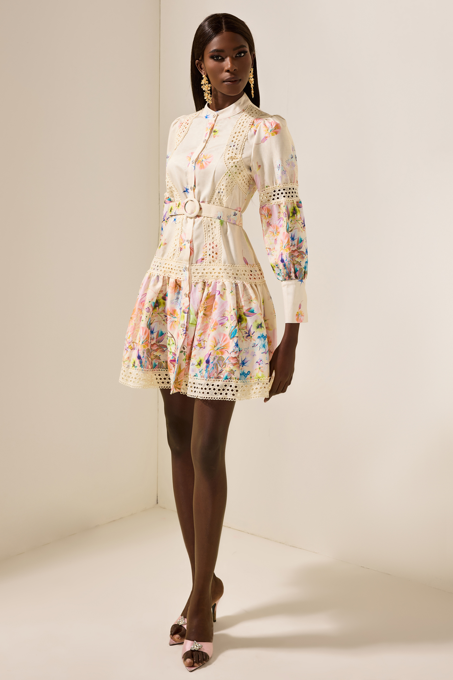 Floral Lace Bottom Mini Dress With Belt