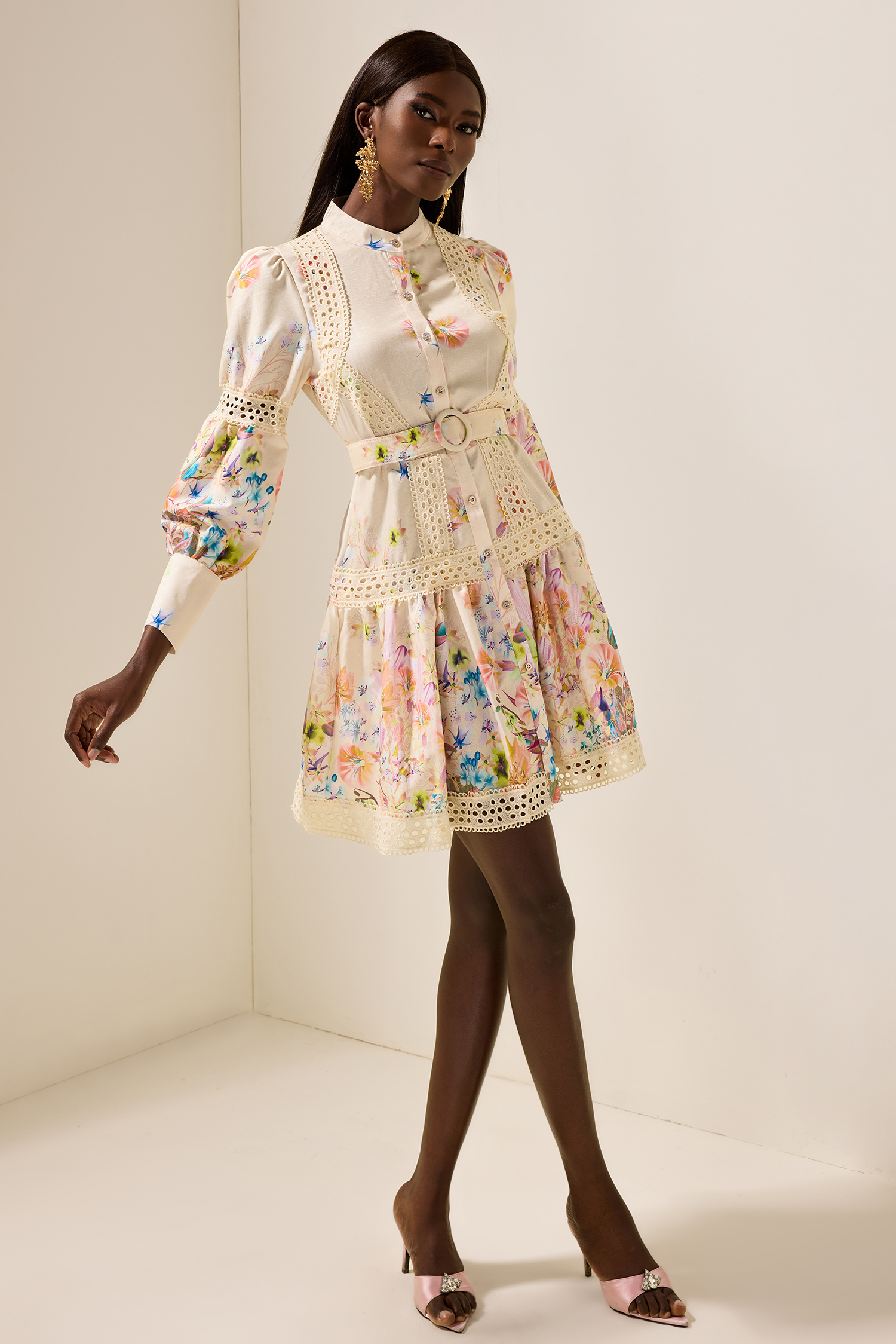 Floral Lace Bottom Mini Dress With Belt