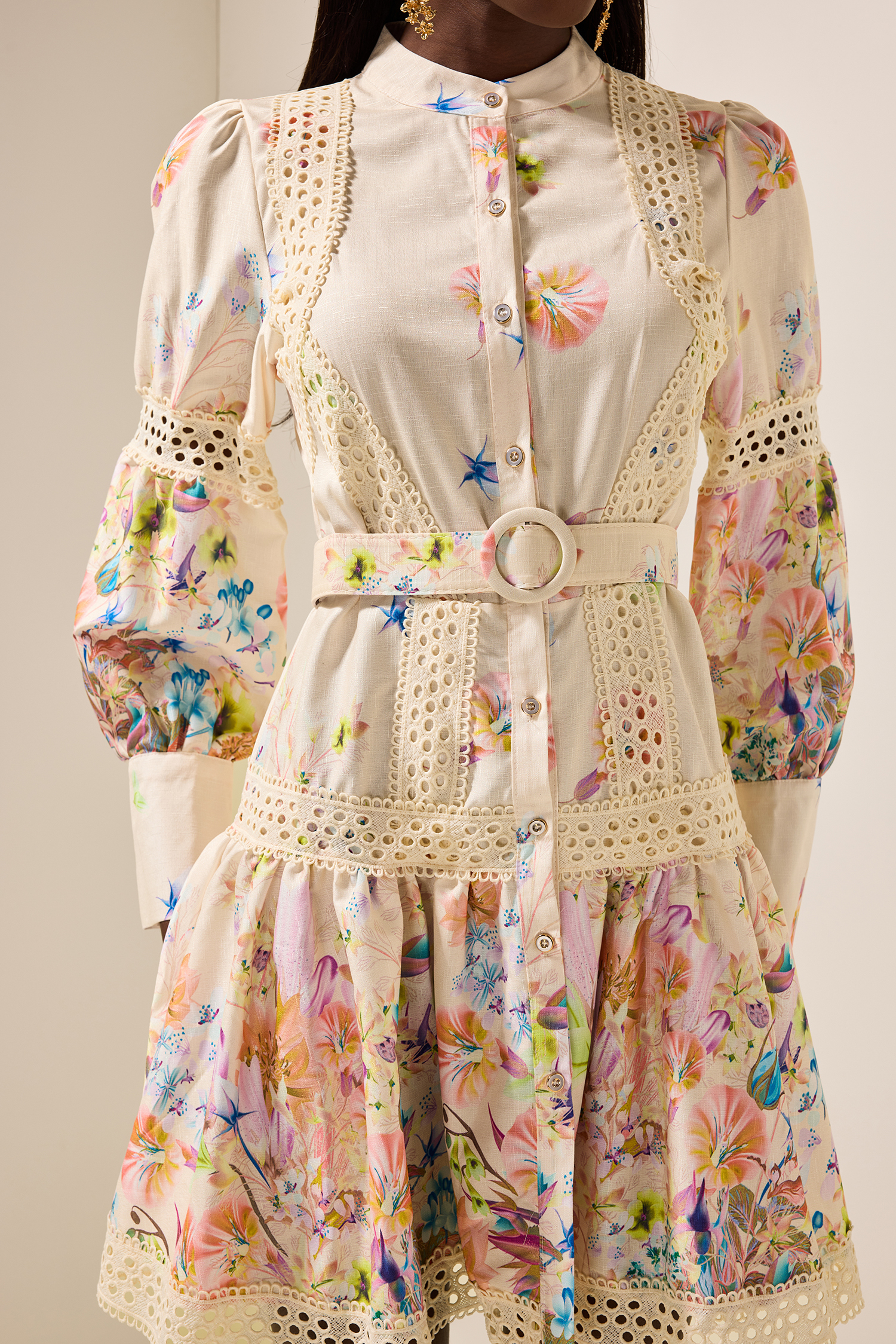 Floral Lace Bottom Mini Dress With Belt