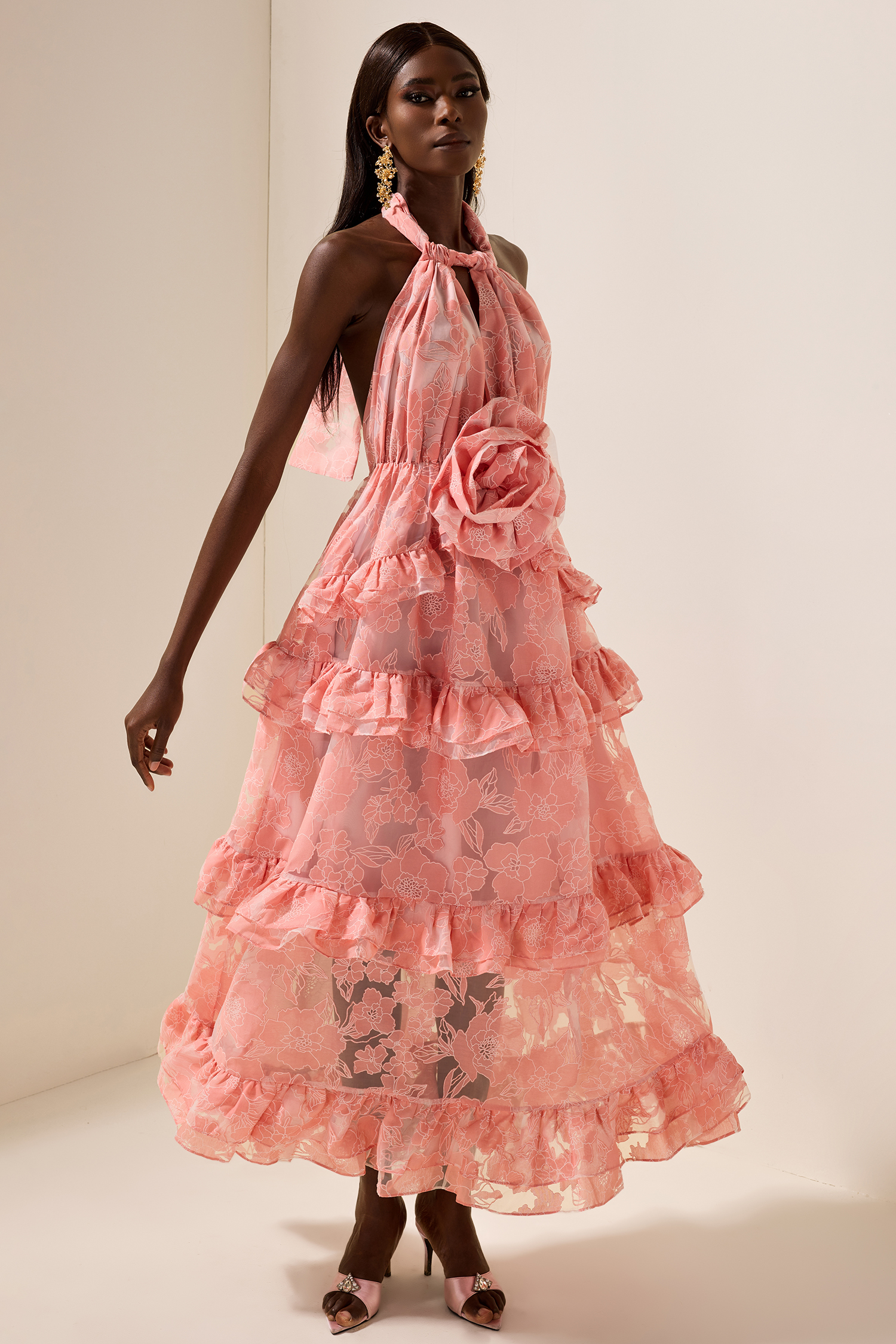 3D Flower Halter Neck Sleeveless Maxi Dress