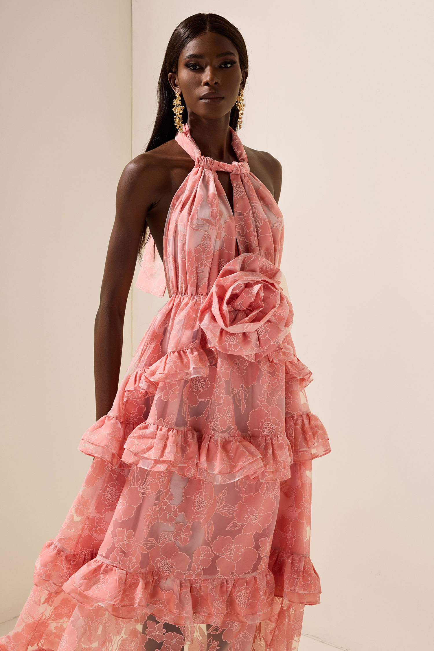 3D Flower Halter Neck Sleeveless Maxi Dress