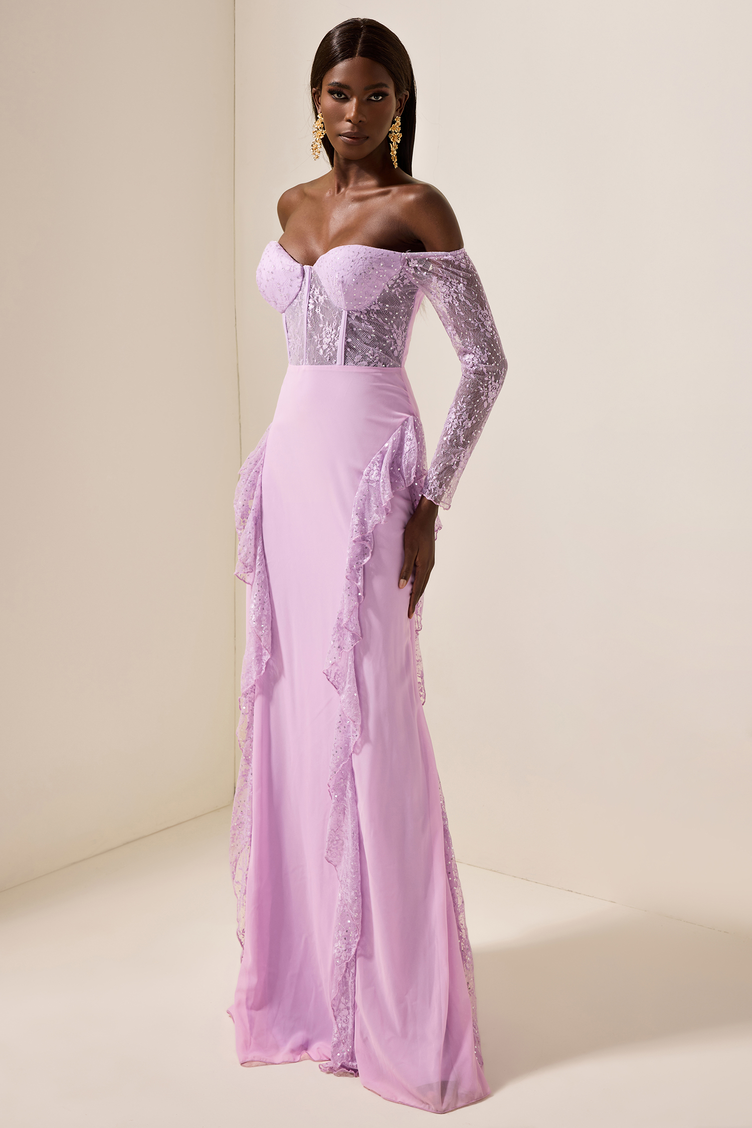 Lace Solid Off-Shoulder Maxi Dress