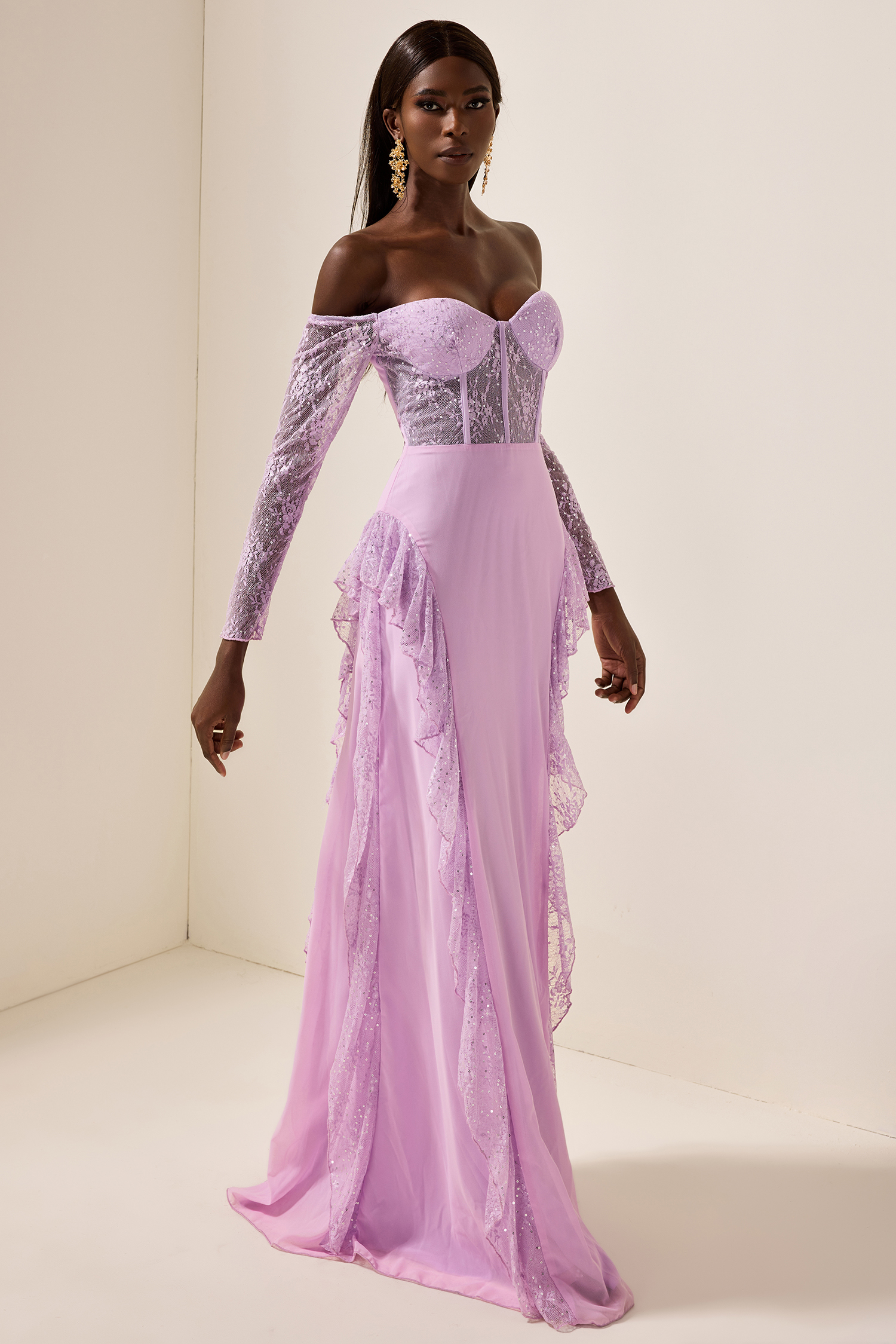 Lace Solid Off-Shoulder Maxi Dress