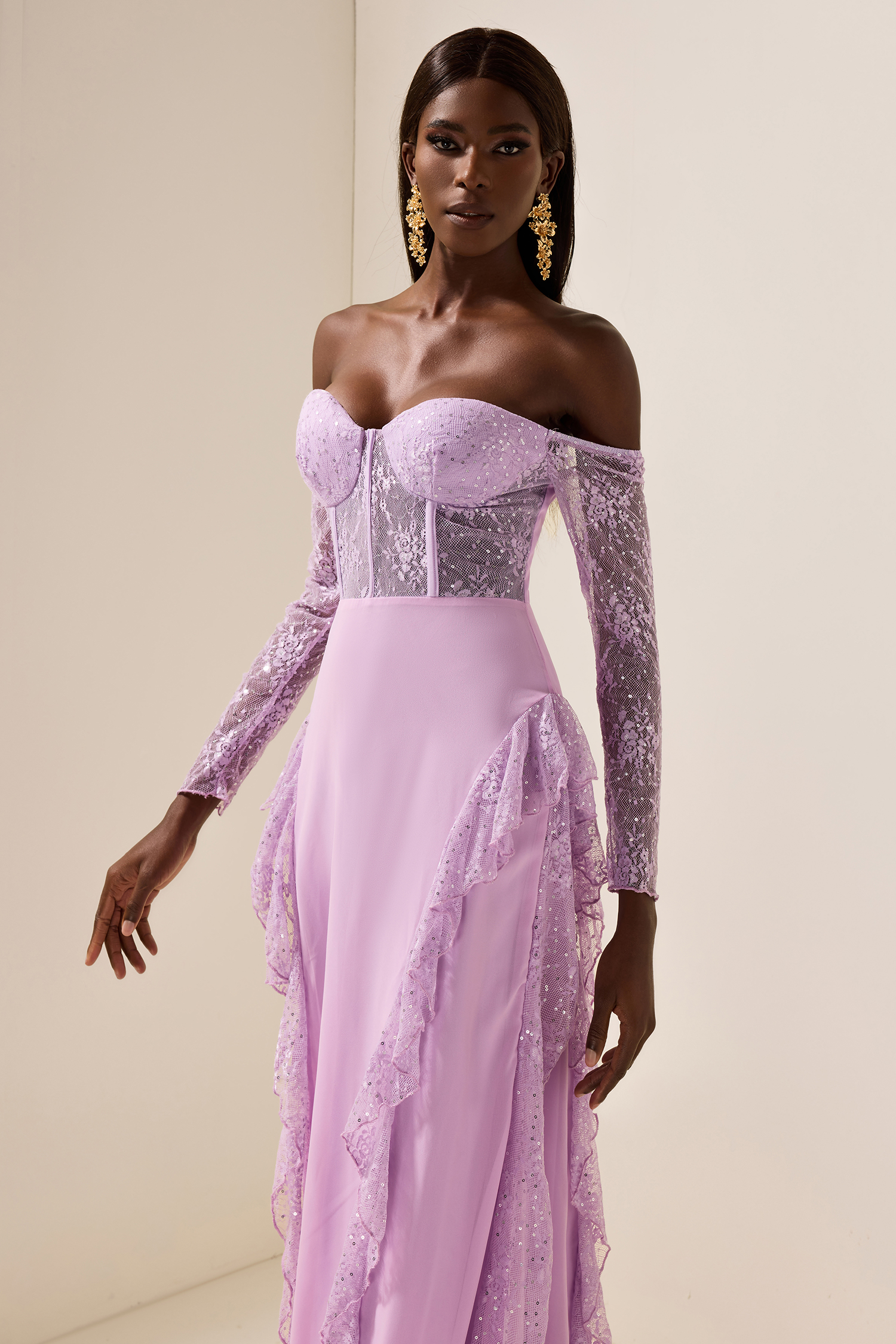 Lace Solid Off-Shoulder Maxi Dress