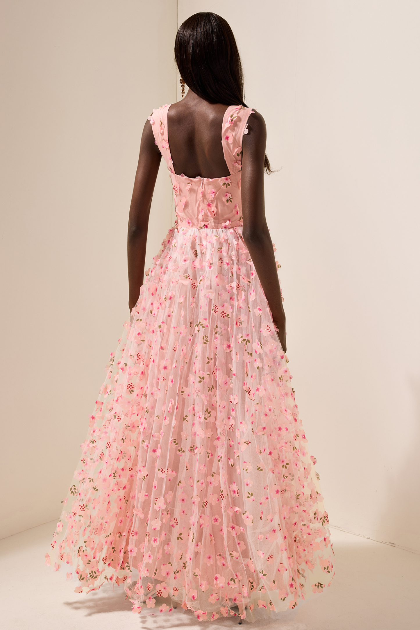 3D Floral Mesh Sleeveless Maxi Dress