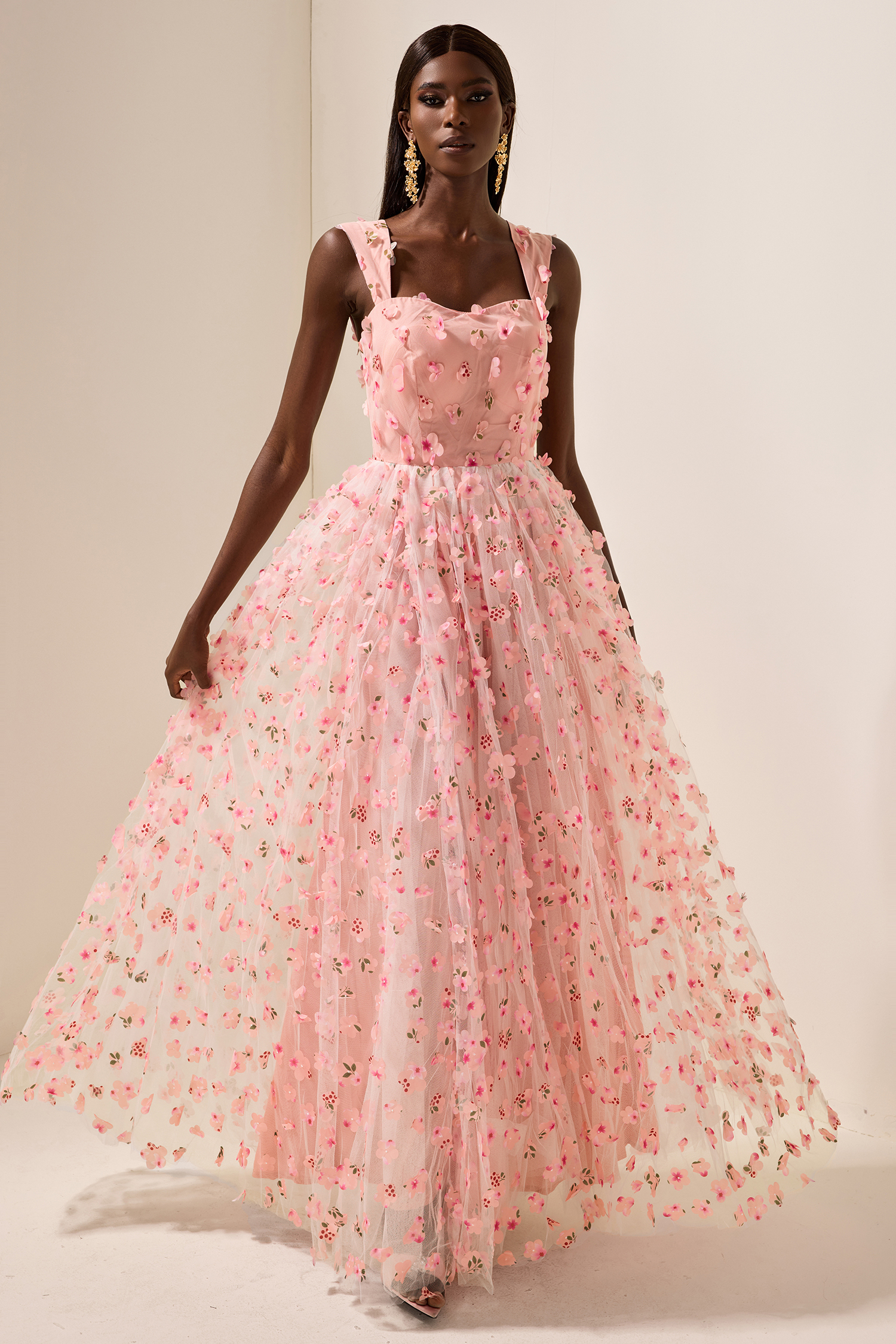 3D Floral Mesh Sleeveless Maxi Dress