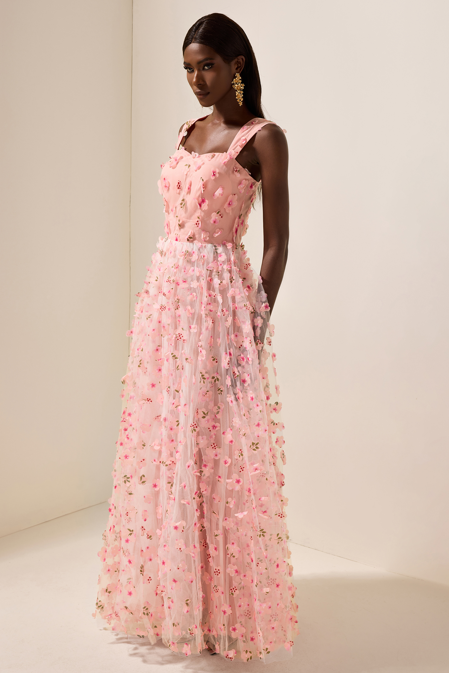 3D Floral Mesh Sleeveless Maxi Dress
