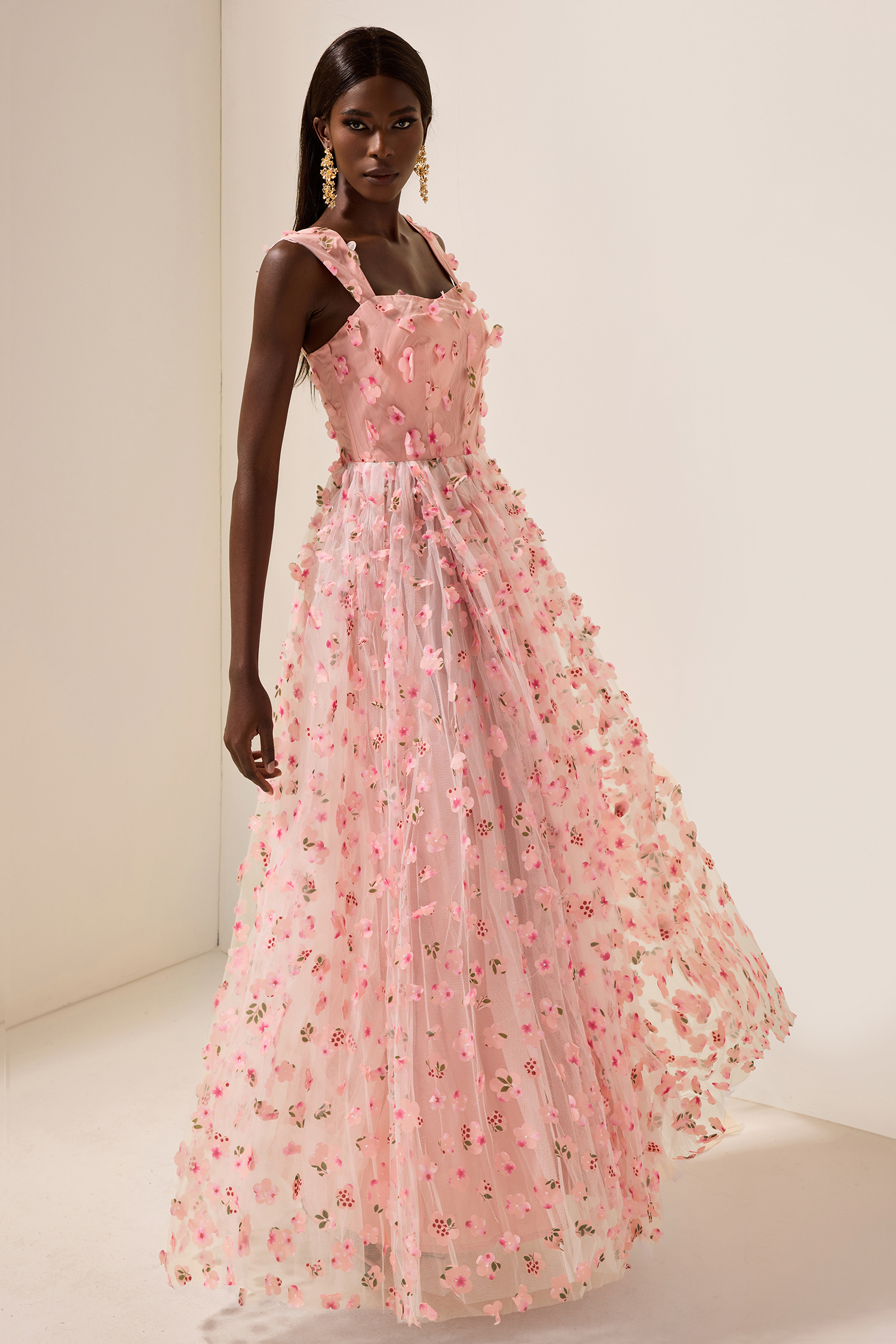 3D Floral Mesh Sleeveless Maxi Dress