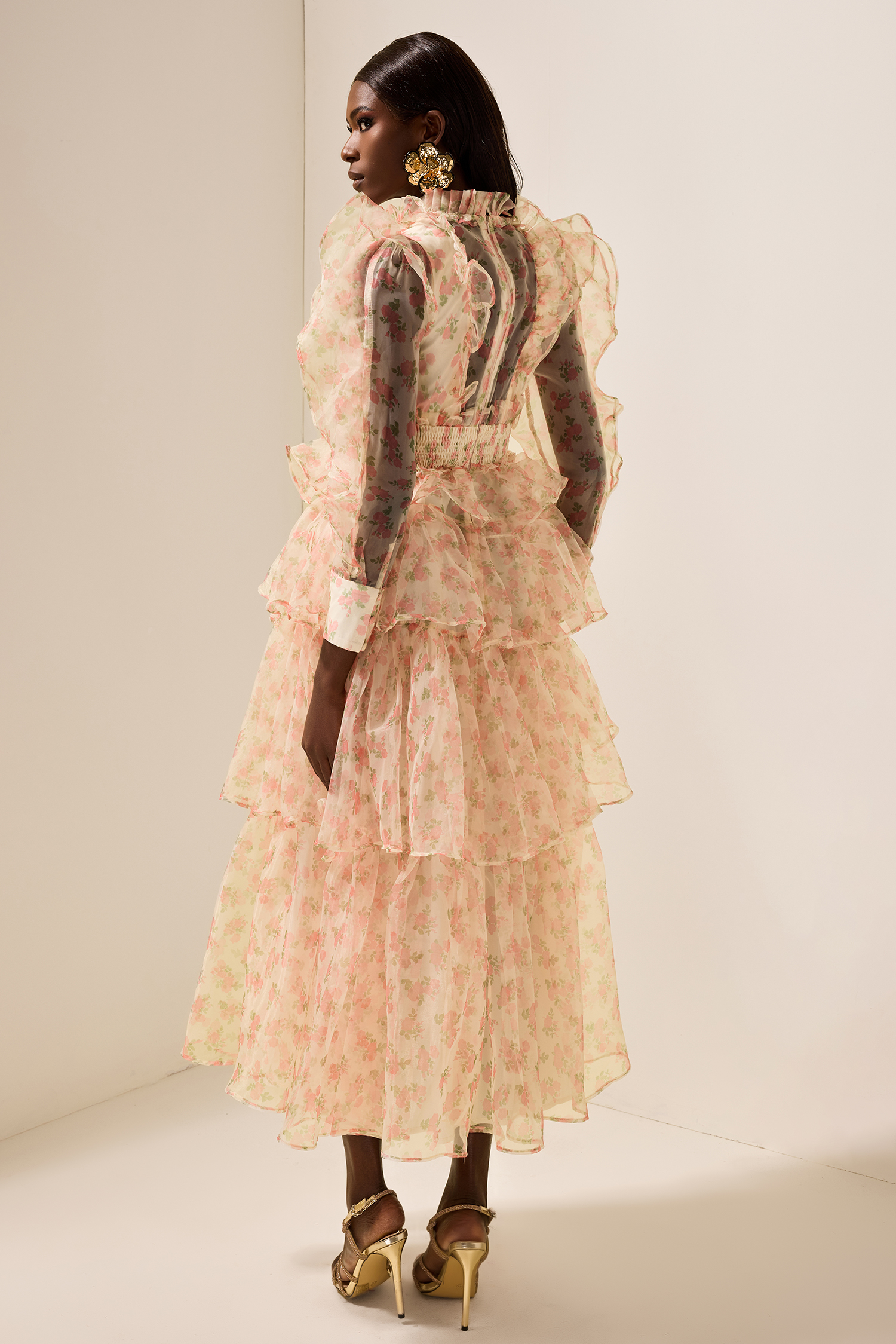 Floral Long Sleeve Smocking Tiered  Midi Dress