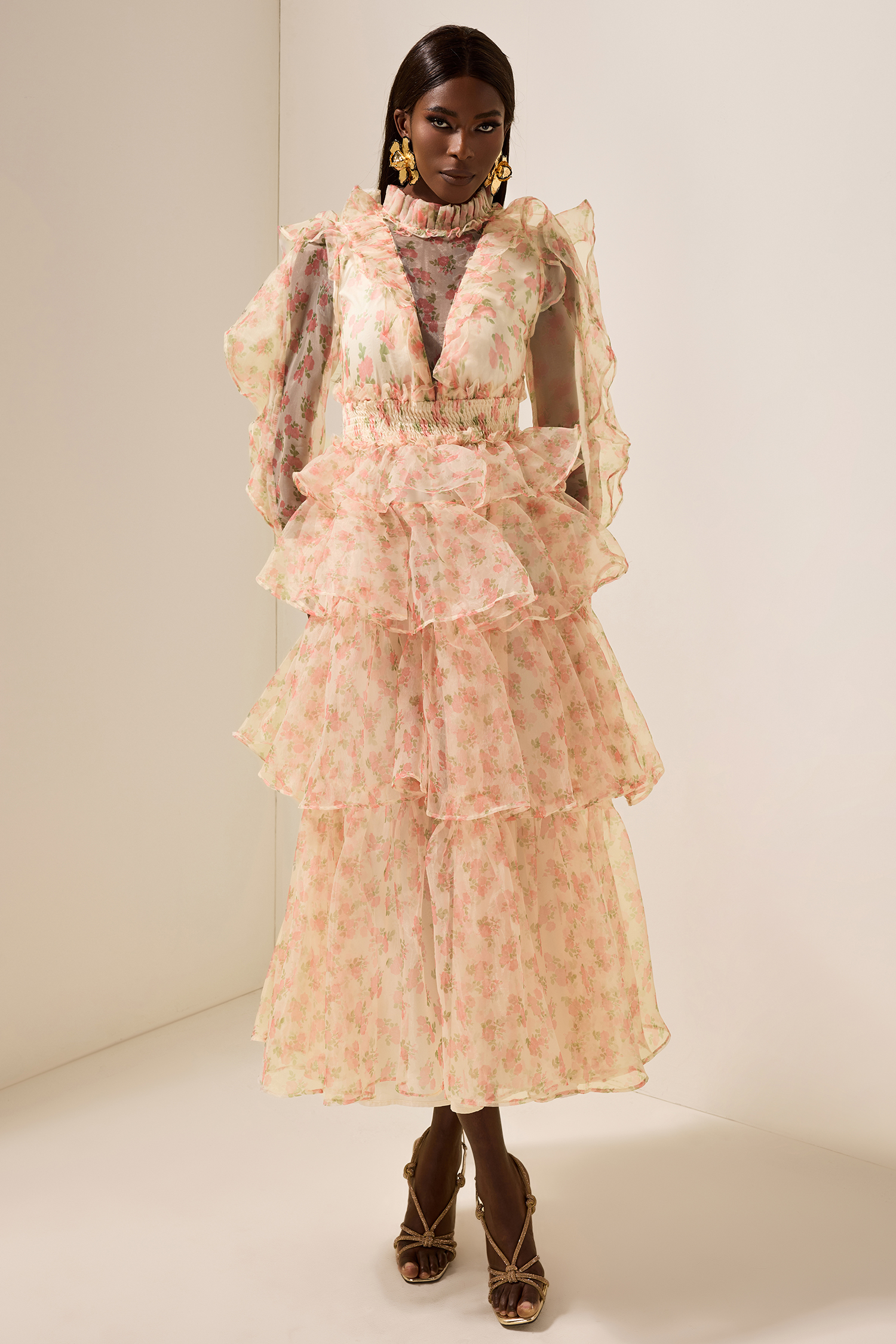 Floral Long Sleeve Smocking Tiered  Midi Dress