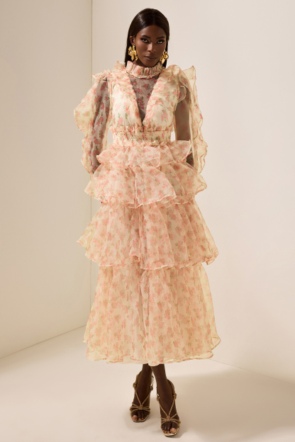 Floral Long Sleeve Smocking Tiered  Midi Dress