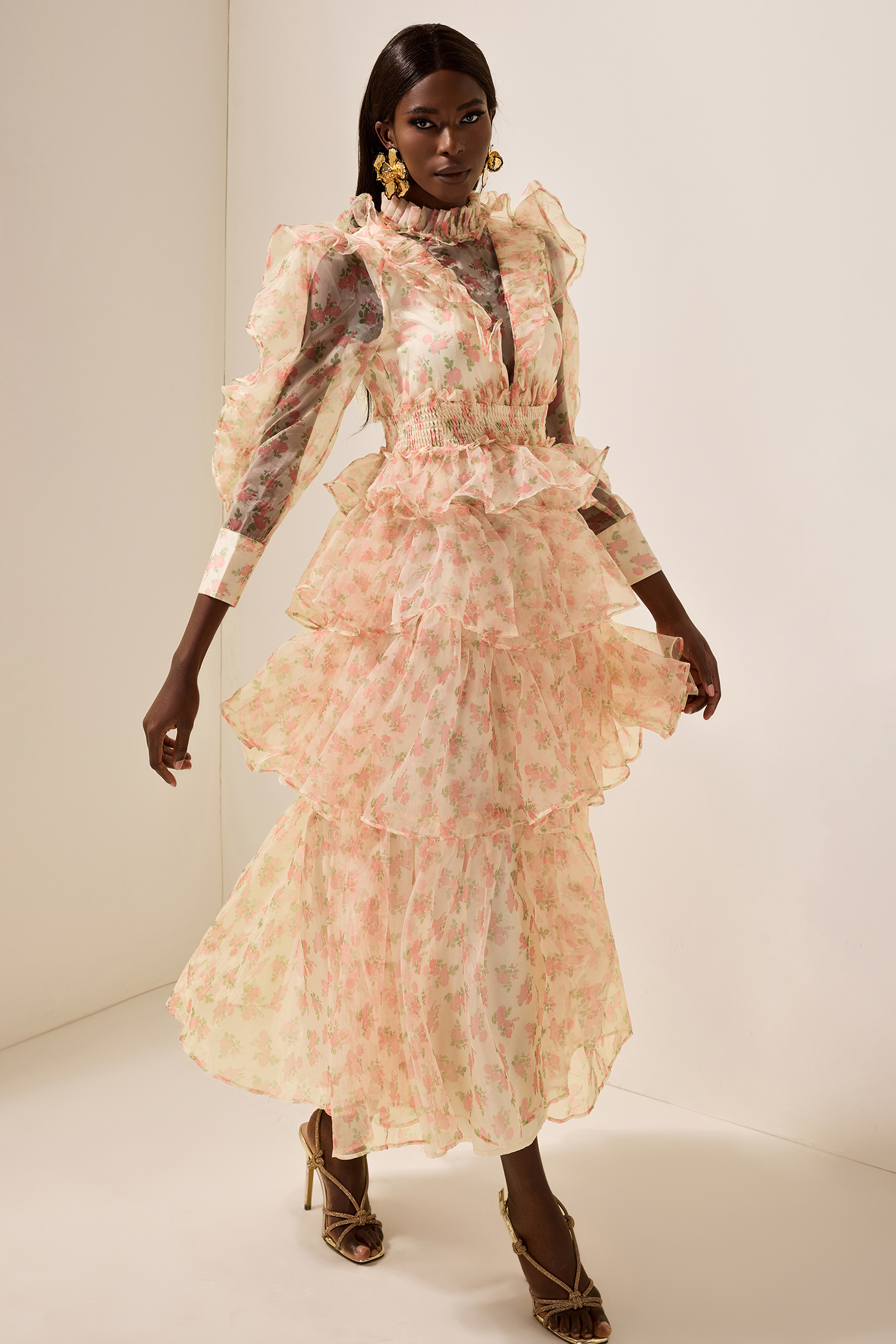 Floral Long Sleeve Smocking Tiered  Midi Dress