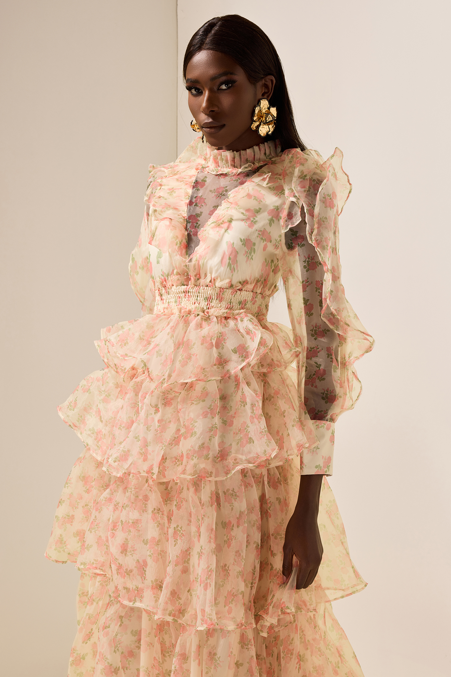 Floral Long Sleeve Smocking Tiered  Midi Dress