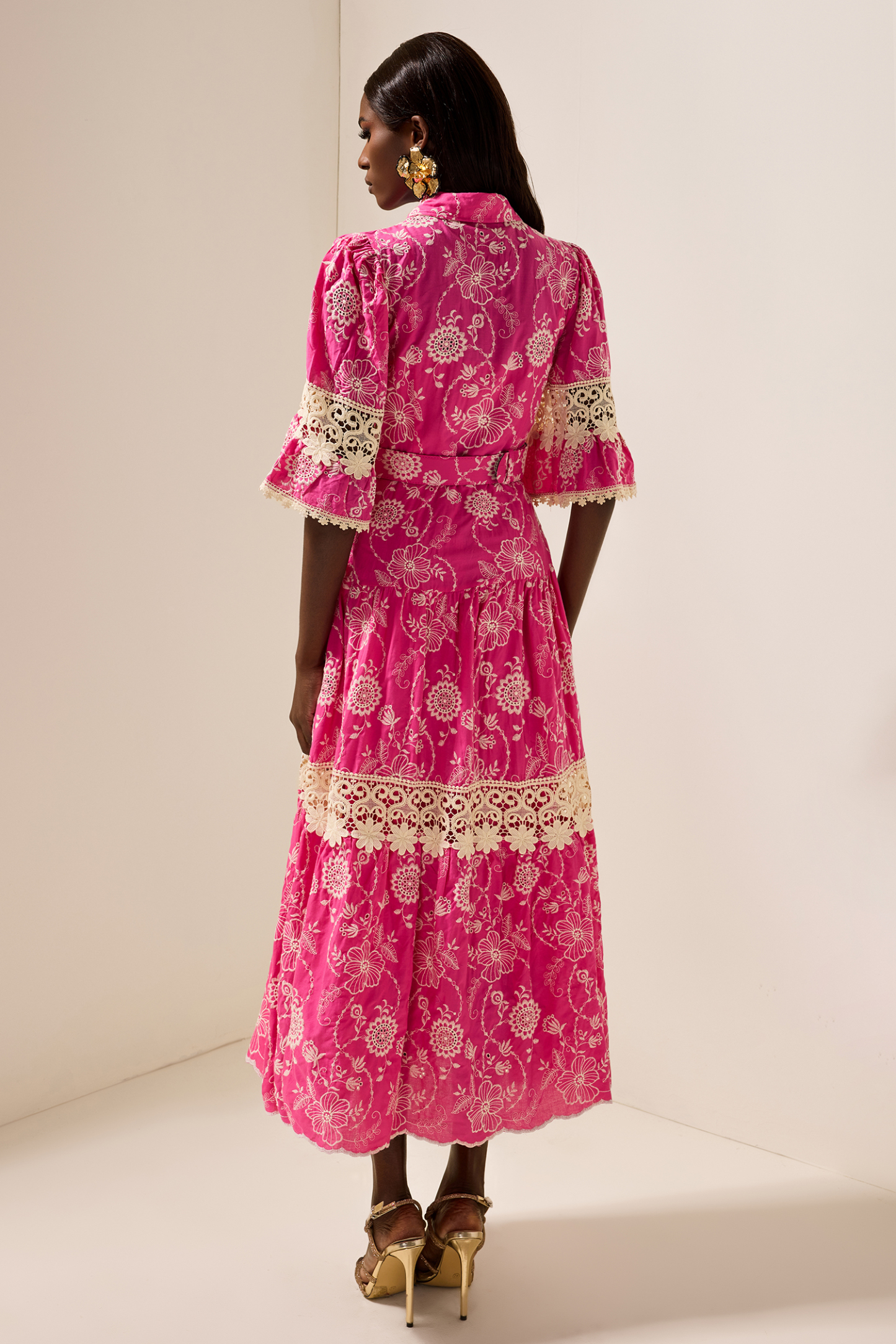 Embroidered  Lace Midi Dress With Belt