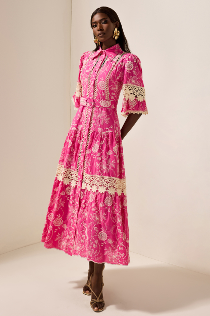 Embroidered  Lace Midi Dress With Belt