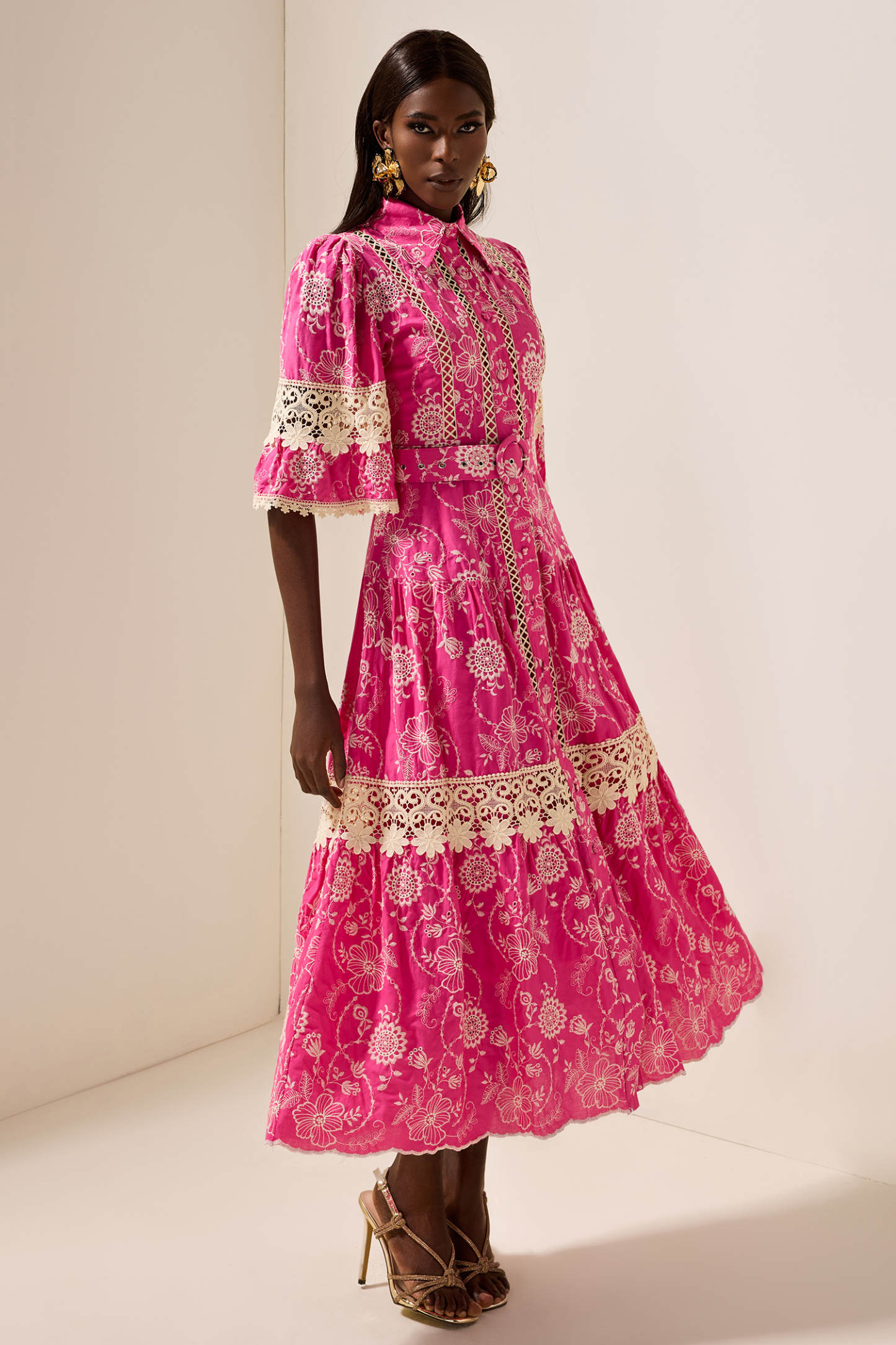 Embroidered  Lace Midi Dress With Belt