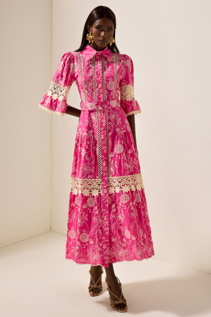 Embroidered  Lace Midi Dress With Belt