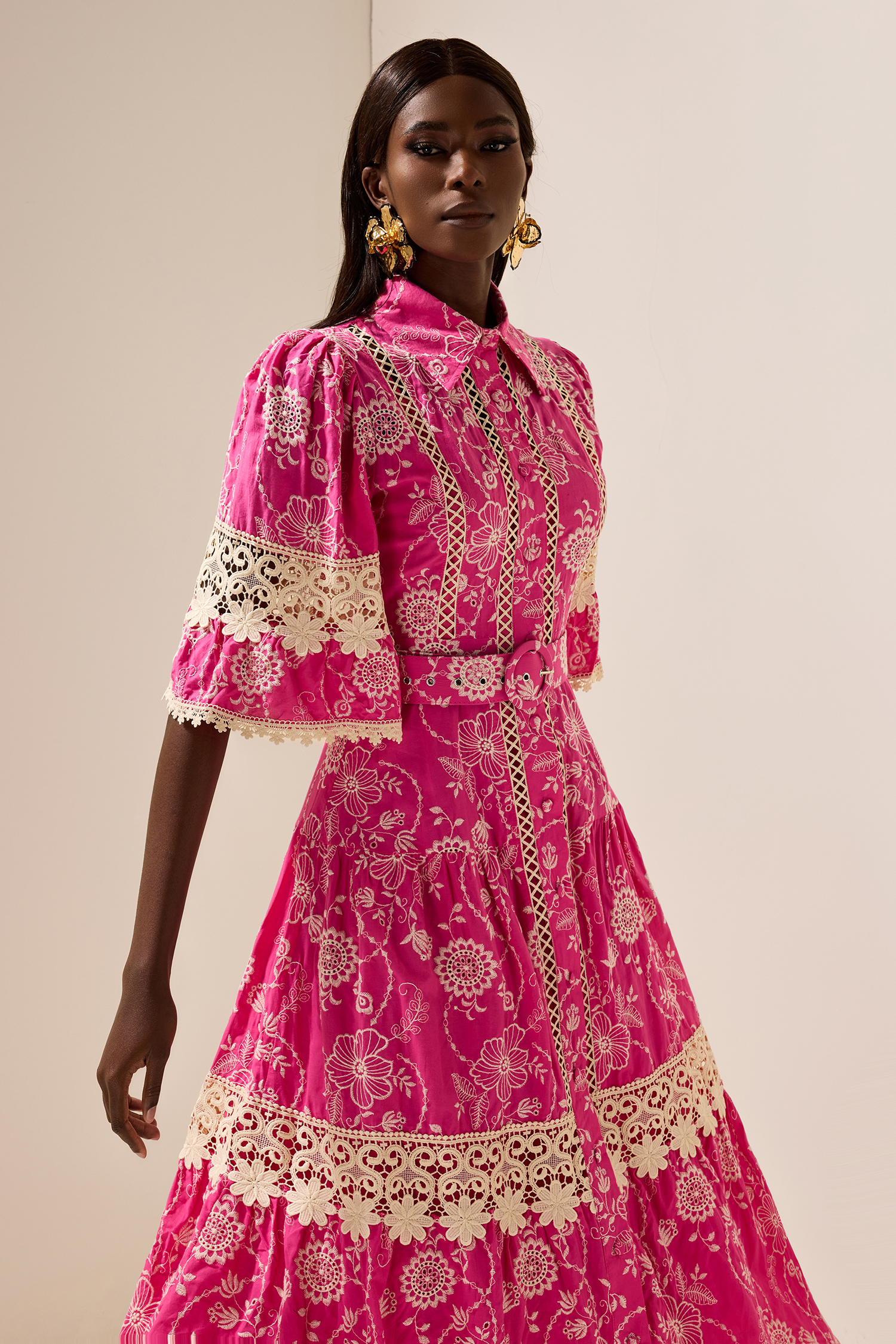 Embroidered  Lace Midi Dress With Belt