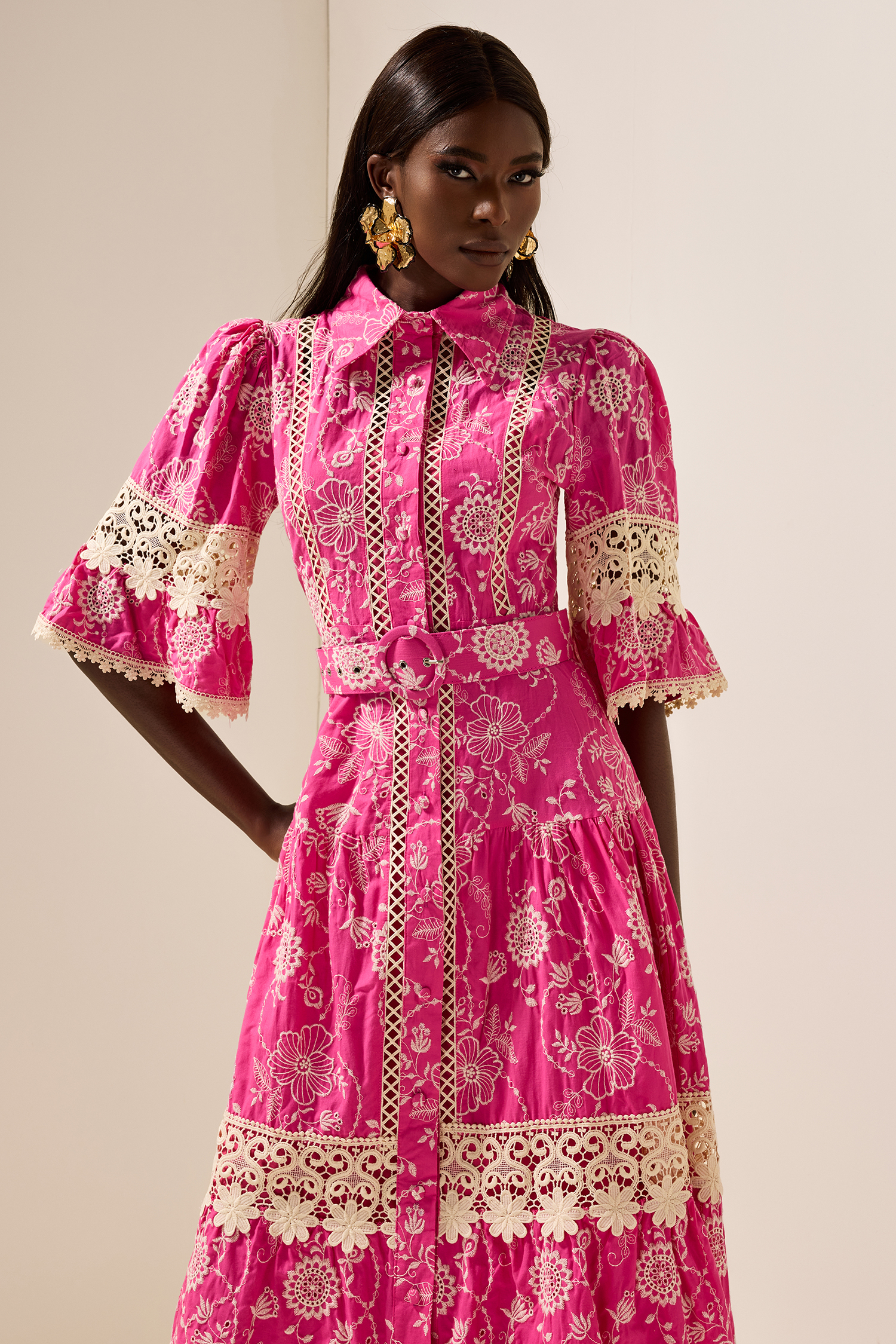 Embroidered  Lace Midi Dress With Belt