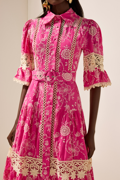 Embroidered  Lace Midi Dress With Belt