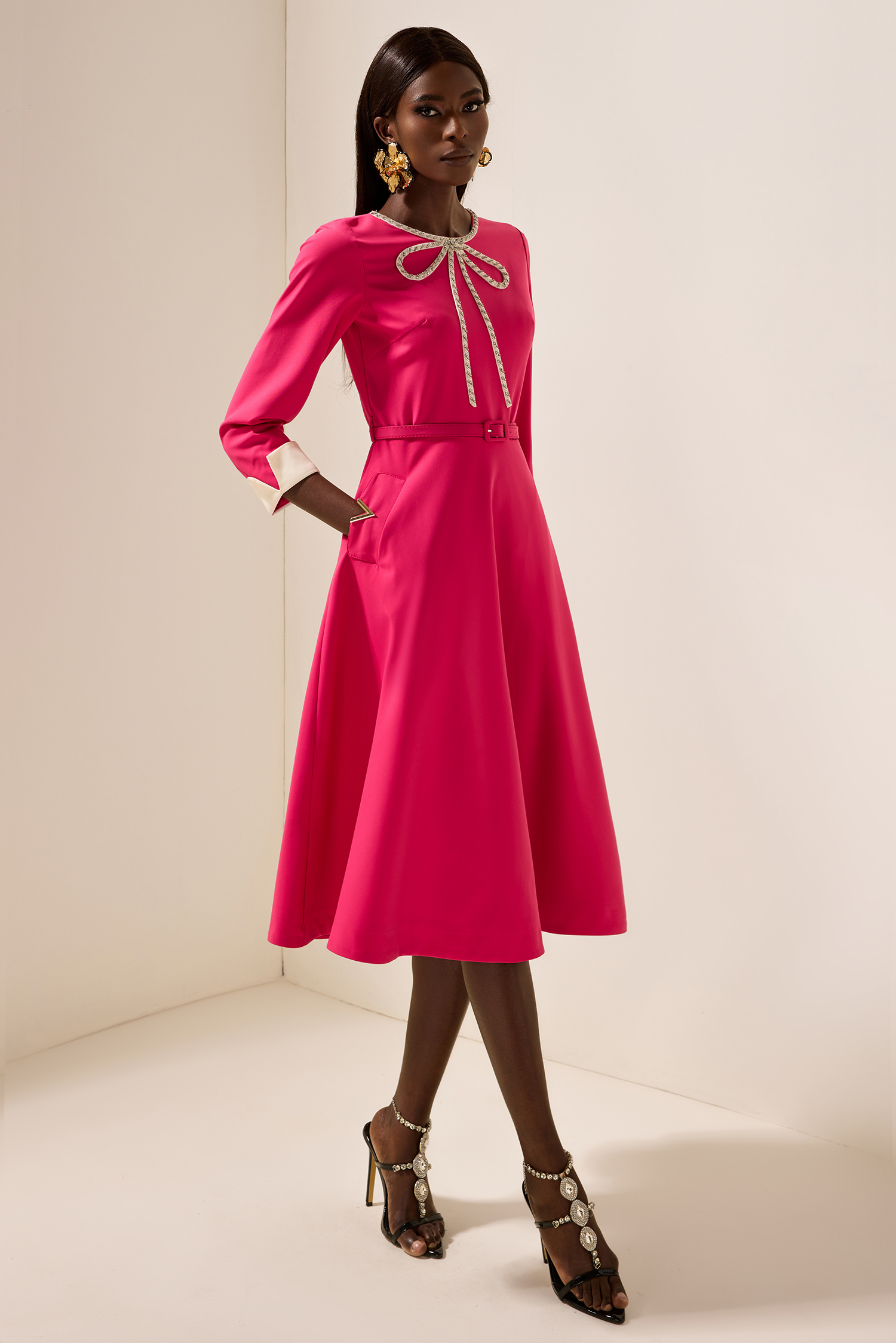 Solid Rhinestone Midi Dress With Belt