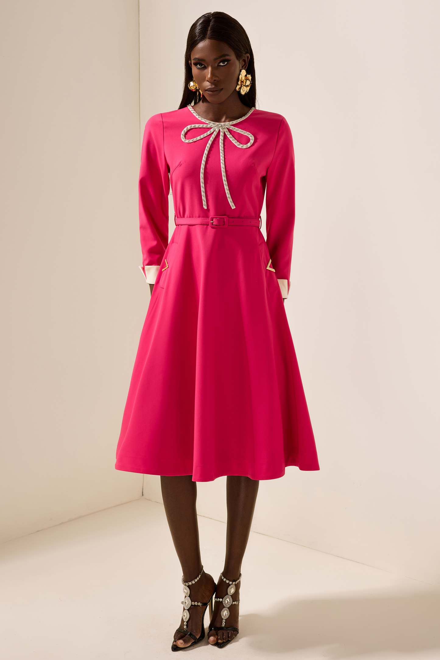 Solid Rhinestone Midi Dress With Belt