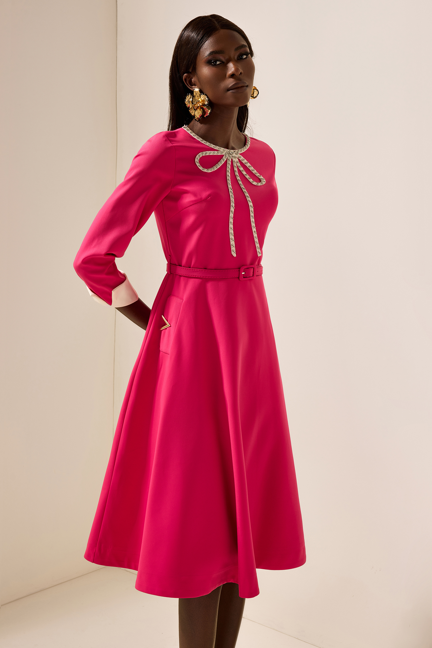 Solid Rhinestone Midi Dress With Belt