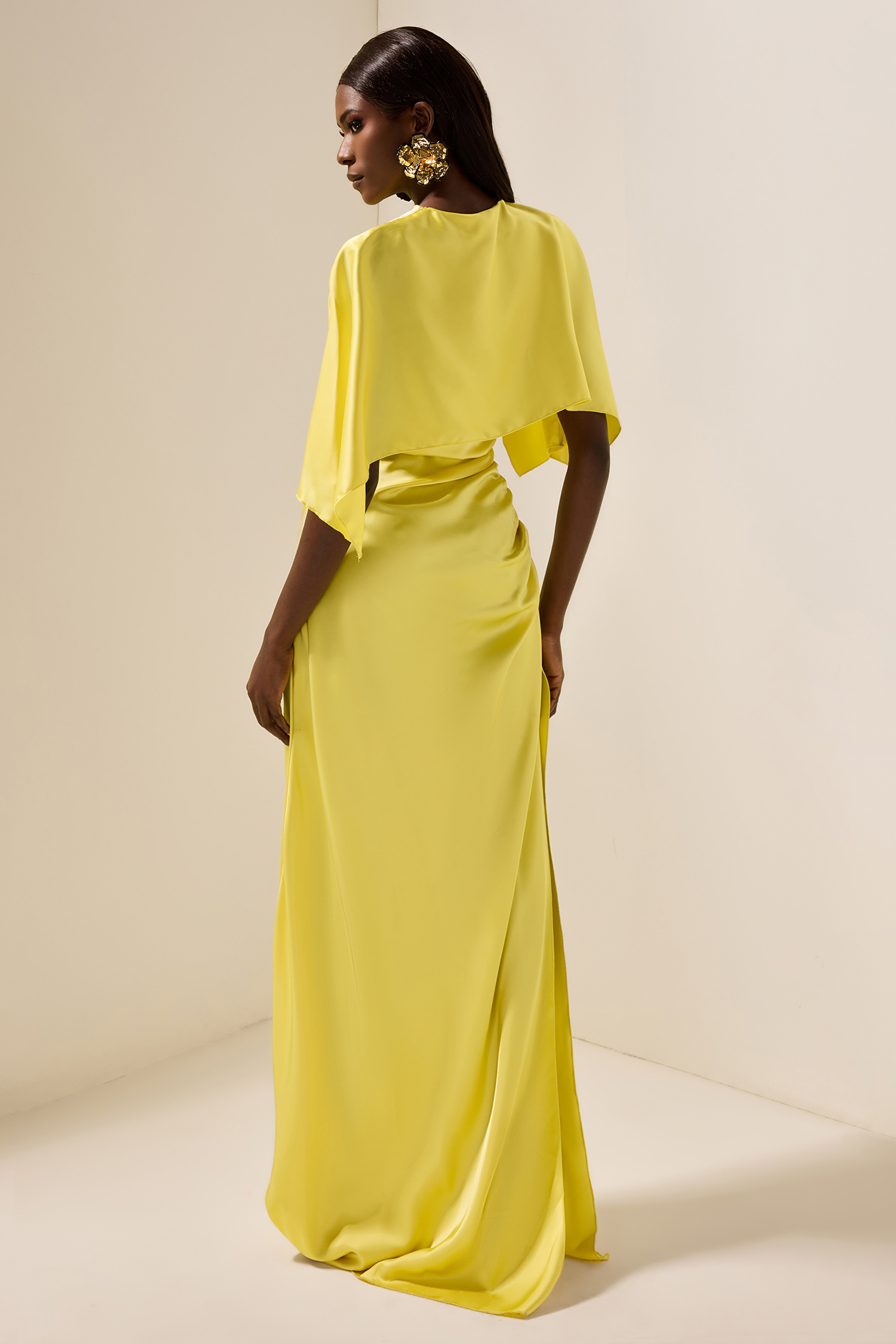 Satin Ruched Cape Sleeve Split Maxi Dress