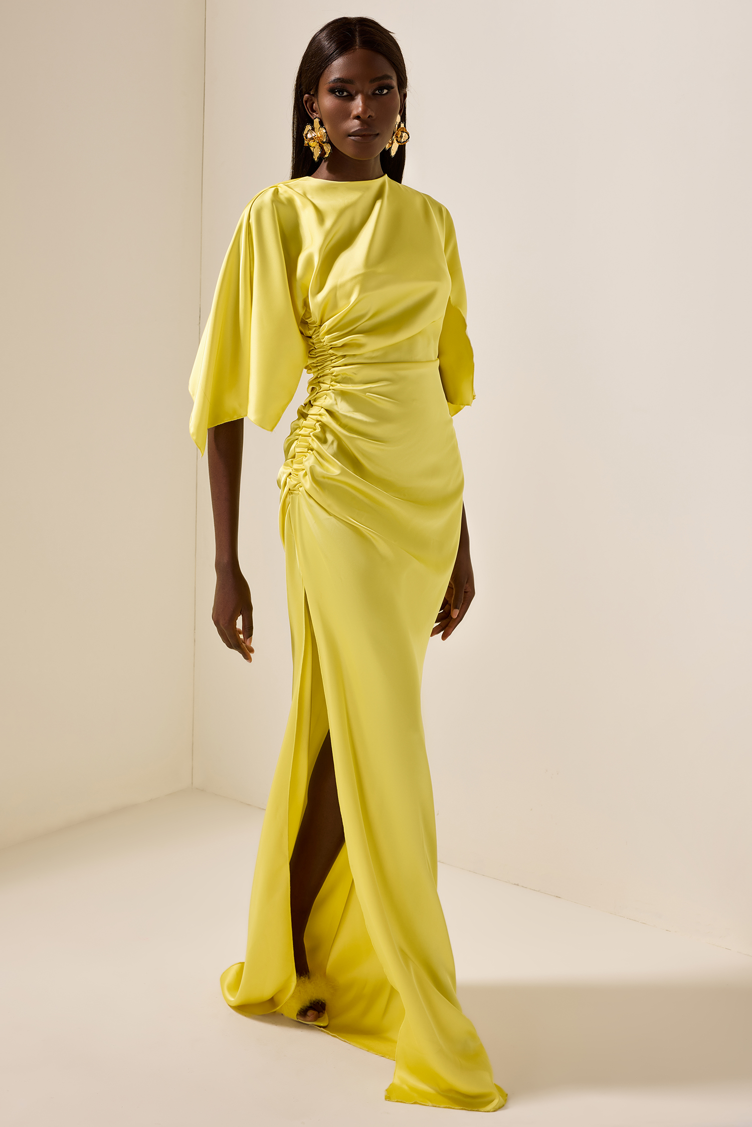 Satin Ruched Cape Sleeve Split Maxi Dress