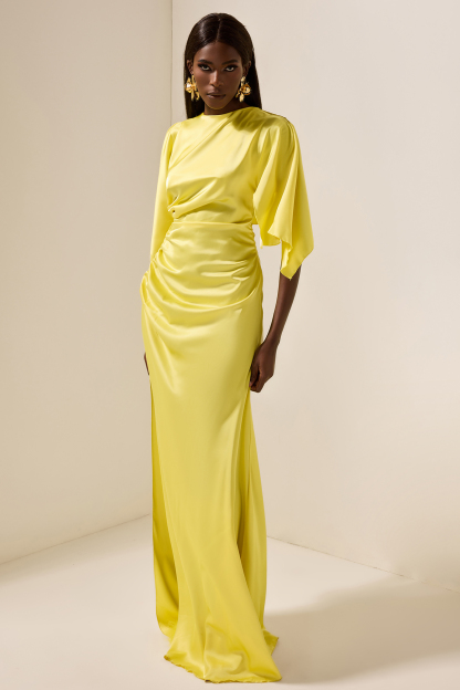 Satin Ruched Cape Sleeve Split Maxi Dress