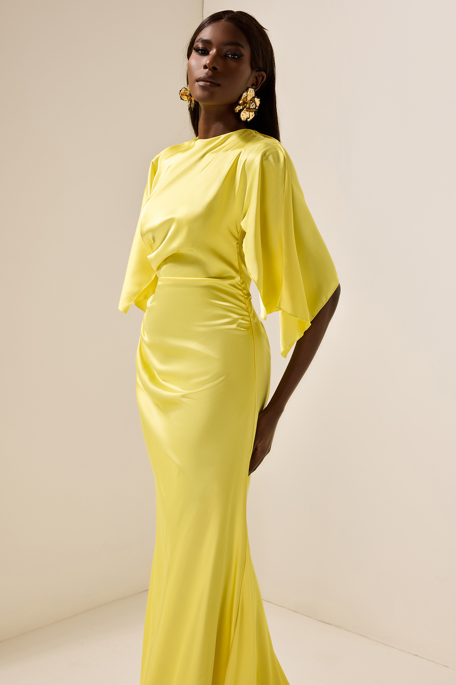 Satin Ruched Cape Sleeve Split Maxi Dress