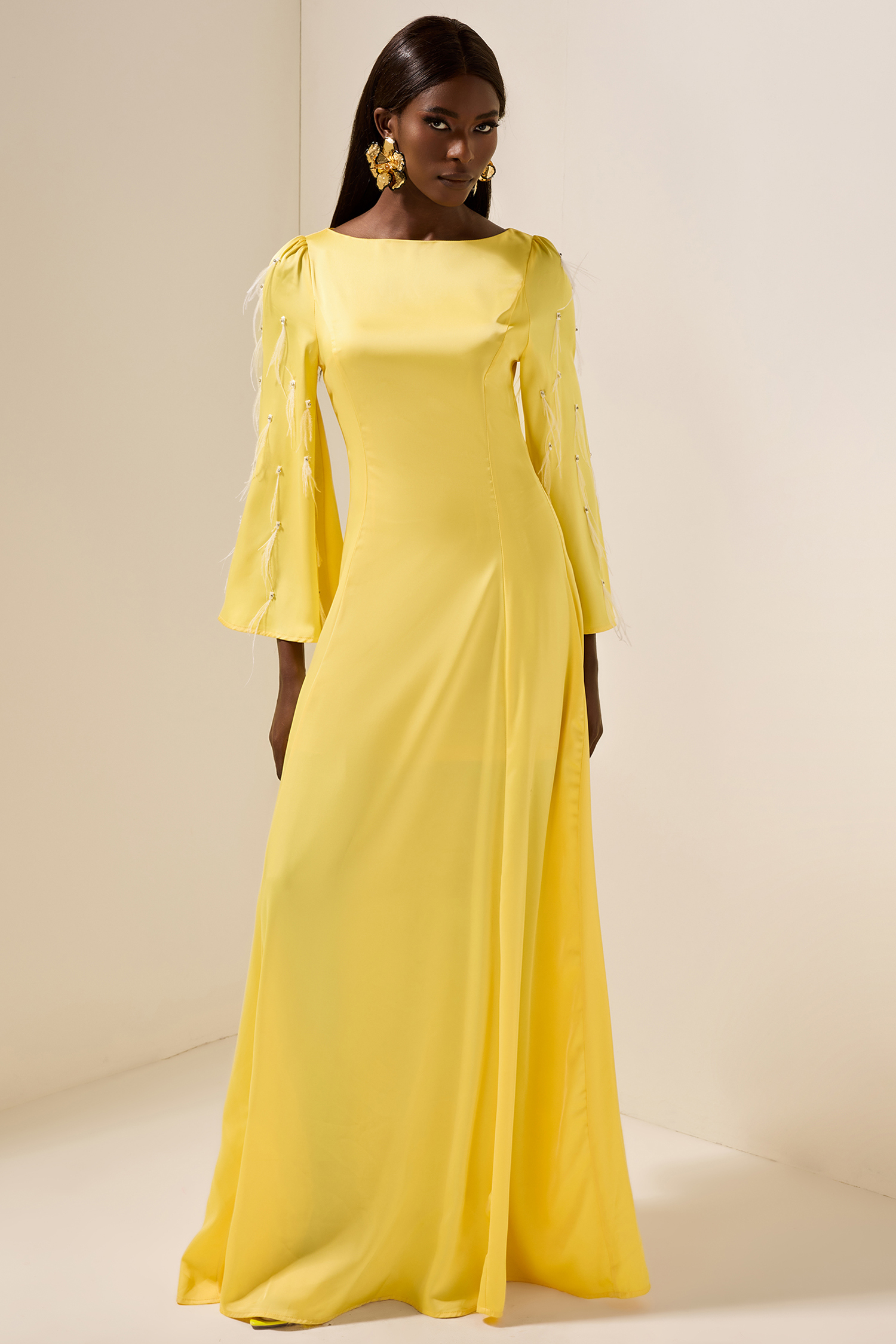 Solid Satin Rhinestone Maxi Dress