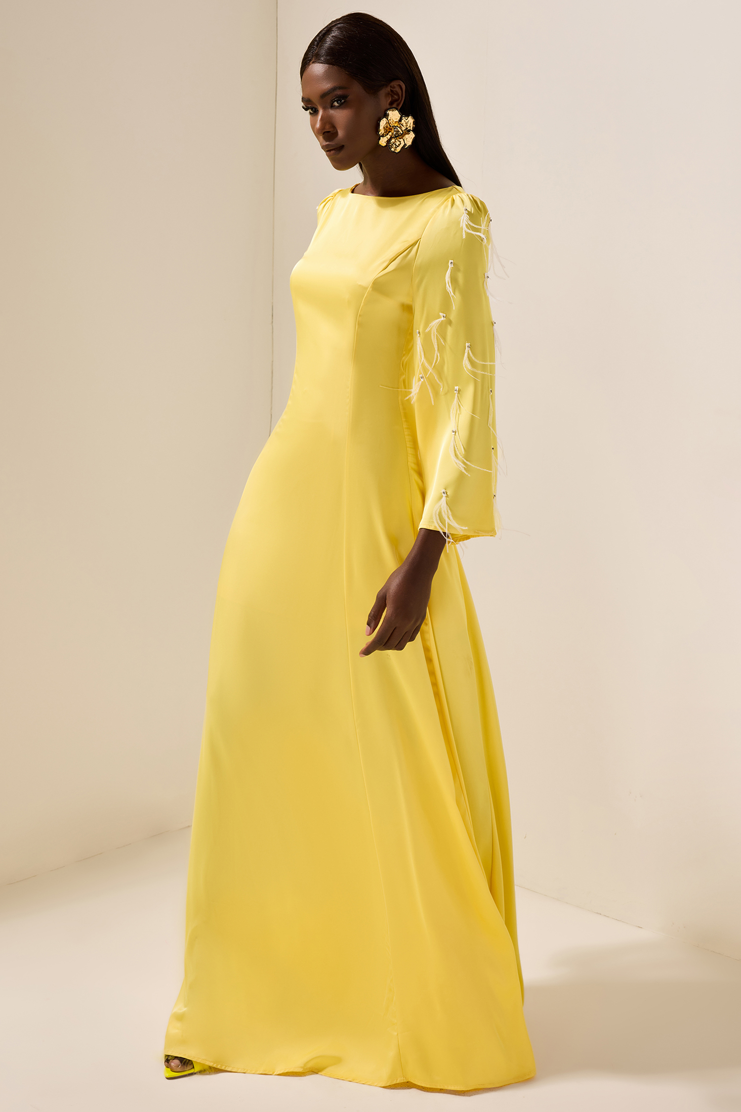 Solid Satin Rhinestone Maxi Dress