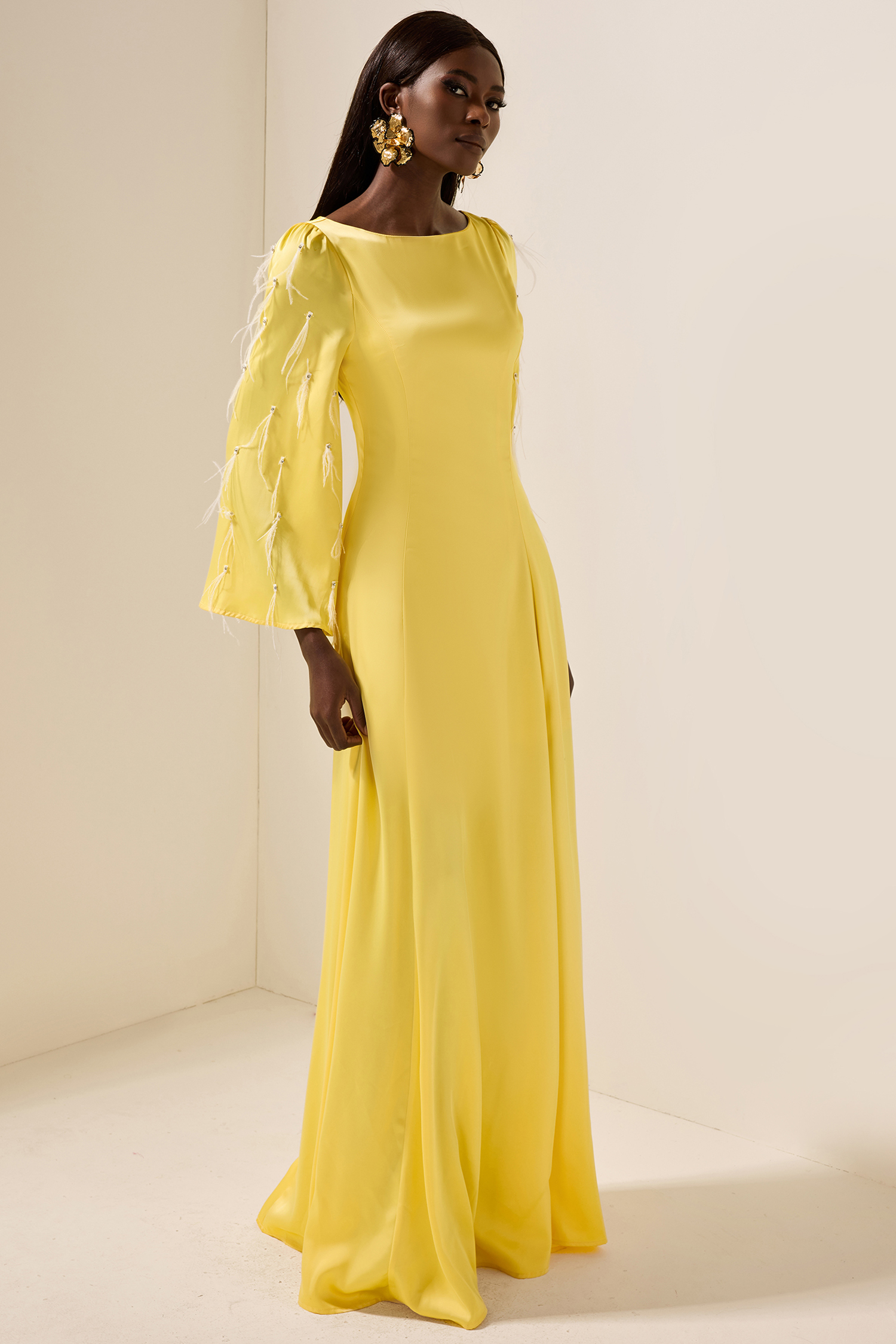 Solid Satin Rhinestone Maxi Dress