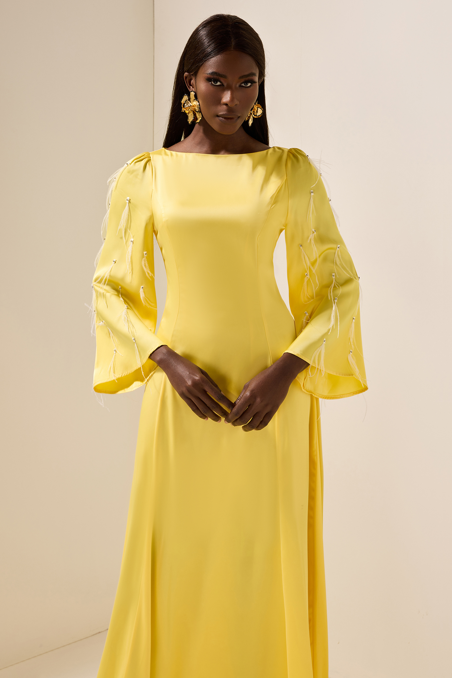 Solid Satin Rhinestone Maxi Dress