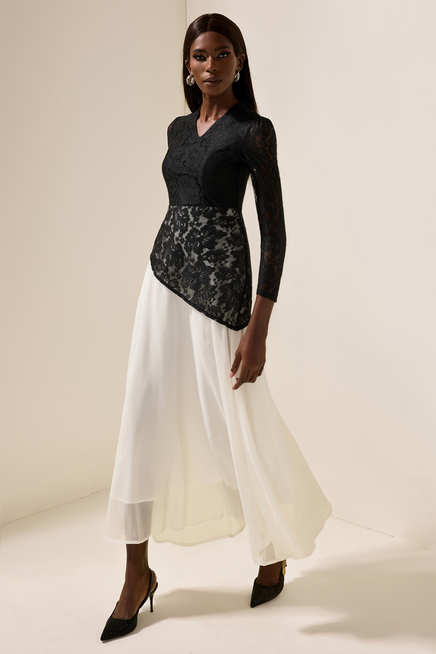 Lace Splicing Chiffon V-Neck Midi Dress