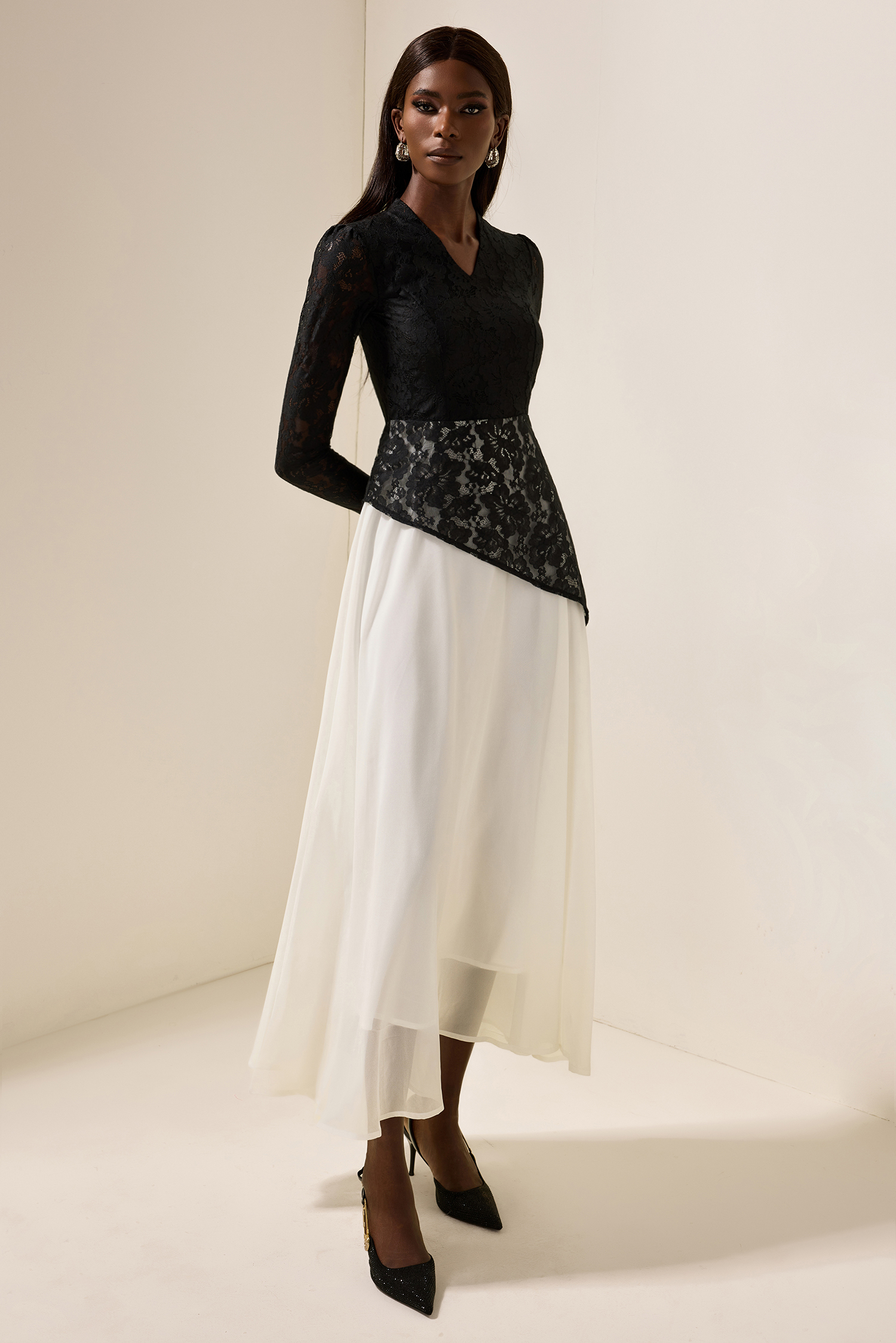 Lace Splicing Chiffon V-Neck Midi Dress