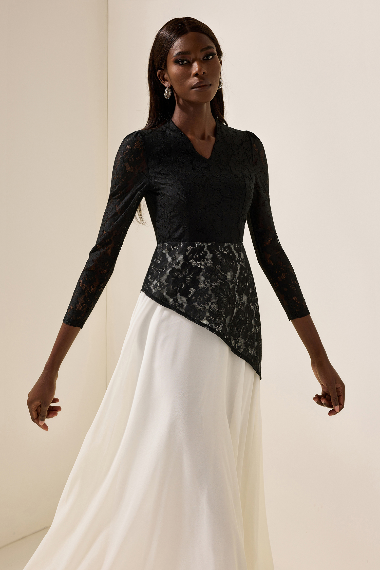 Lace Splicing Chiffon V-Neck Midi Dress