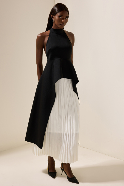 Crew Collar Sleeveless Backless Asymmetric Suit Dress