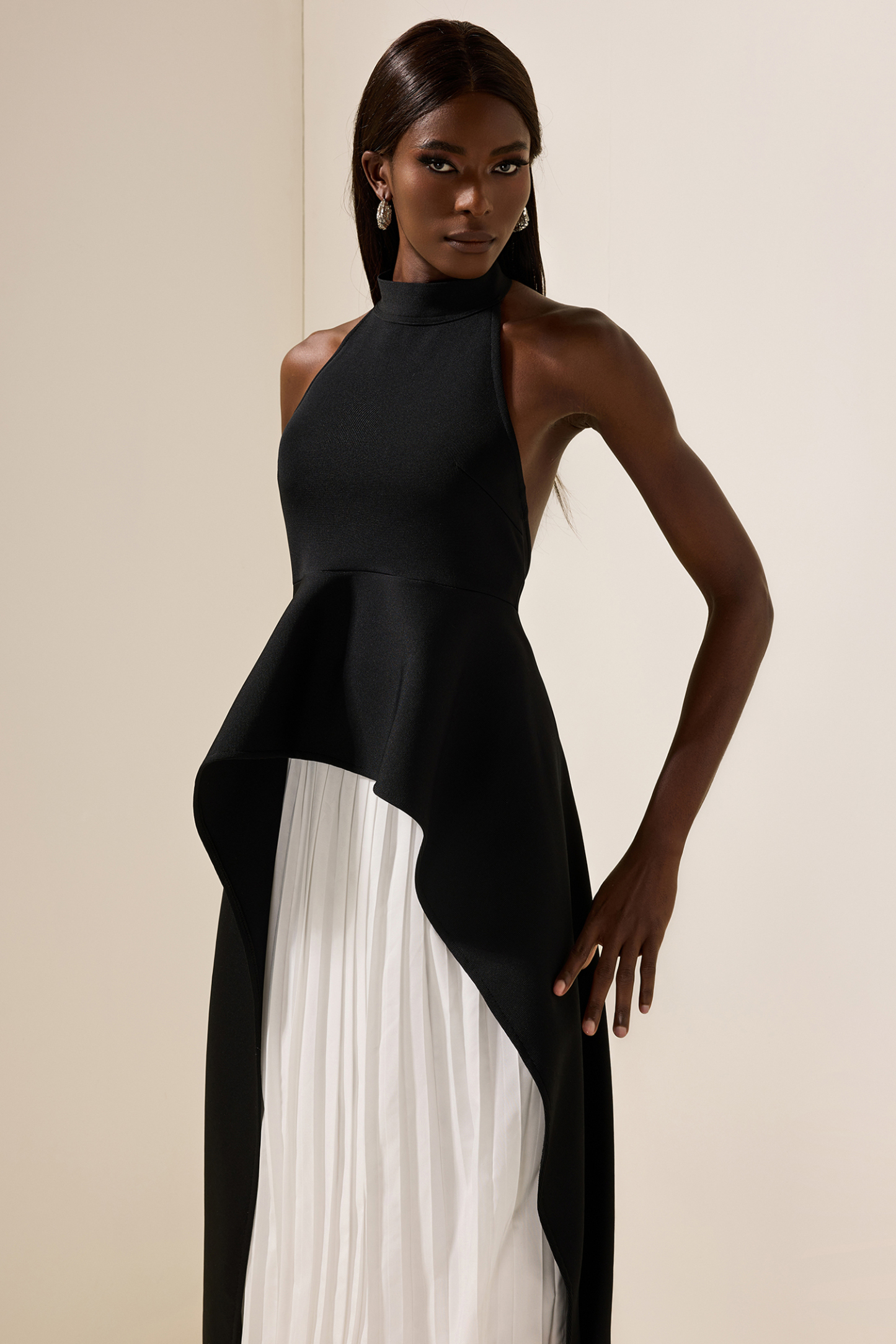 Crew Collar Sleeveless Backless Asymmetric Suit Dress