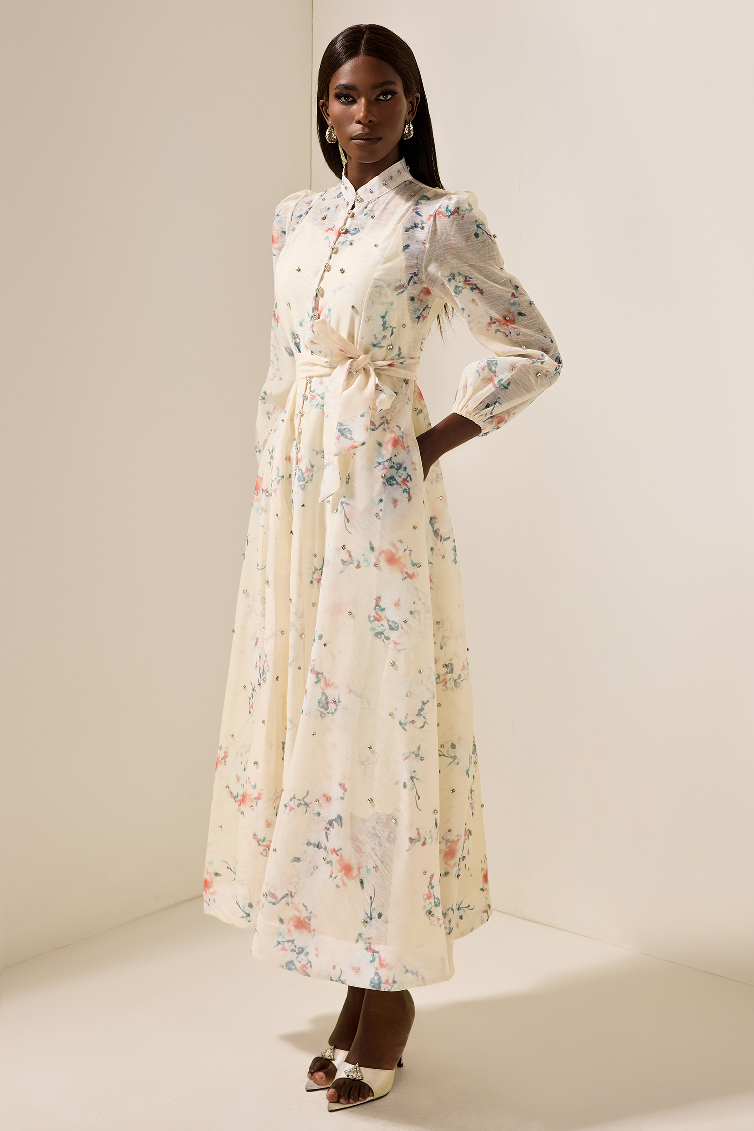 Floral Rhinestone Bottom Midi Dress