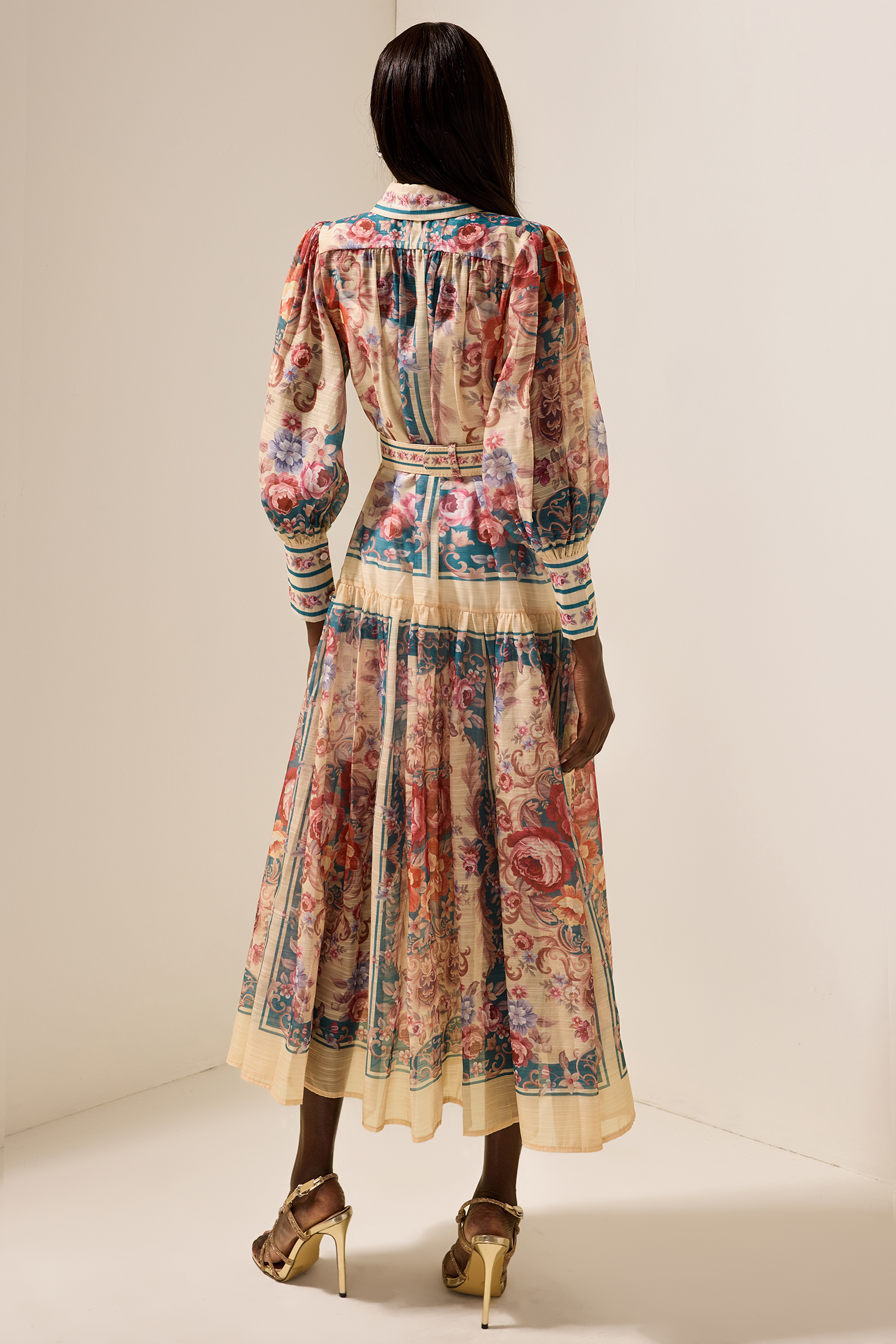 Shirt Collar Floral Lantern Sleeve Midi Dress