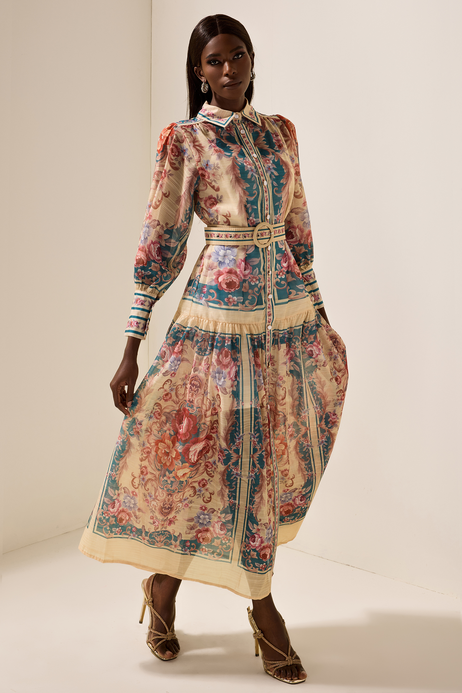 Shirt Collar Floral Lantern Sleeve Midi Dress