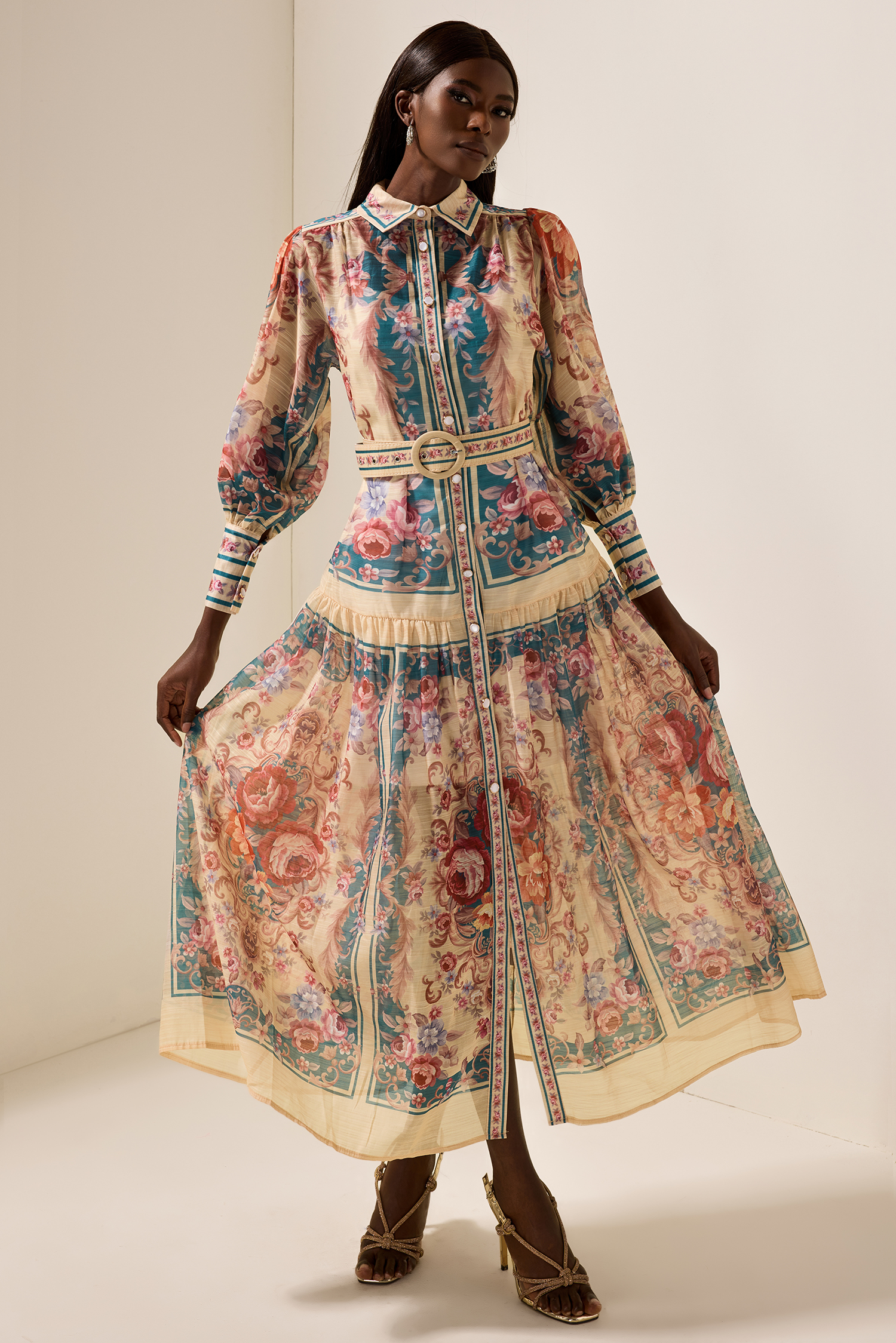 Shirt Collar Floral Lantern Sleeve Midi Dress