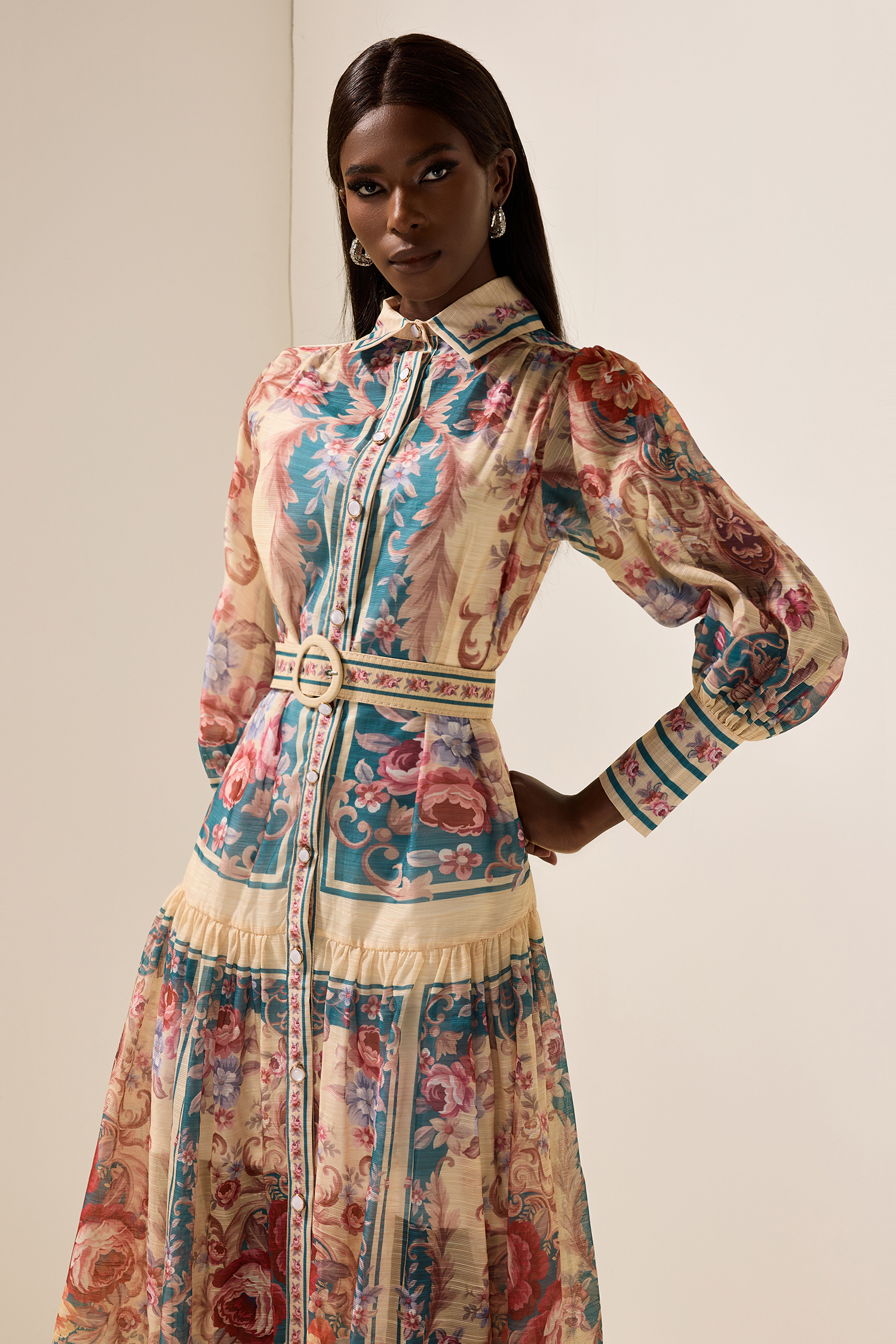 Shirt Collar Floral Lantern Sleeve Midi Dress