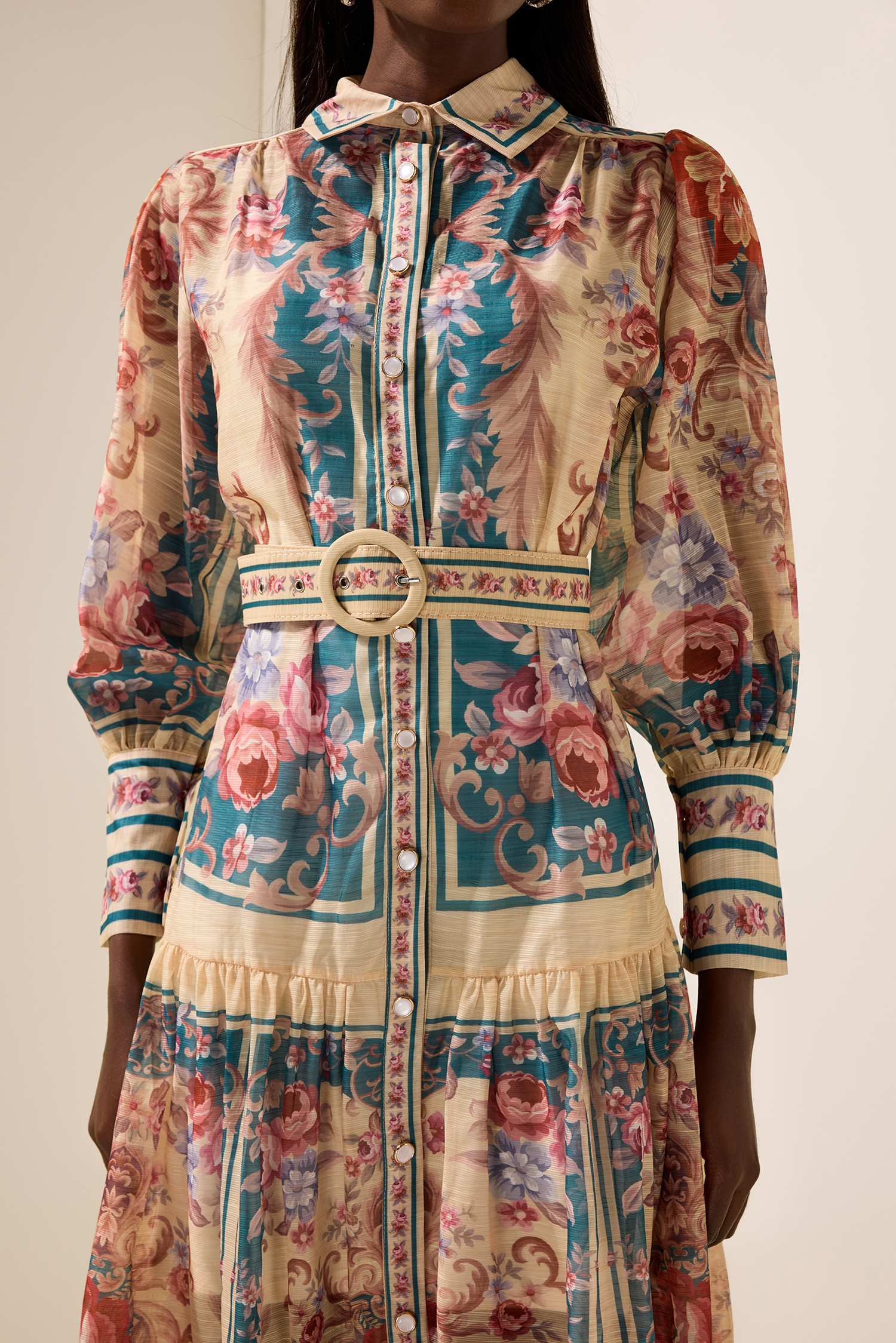 Shirt Collar Floral Lantern Sleeve Midi Dress