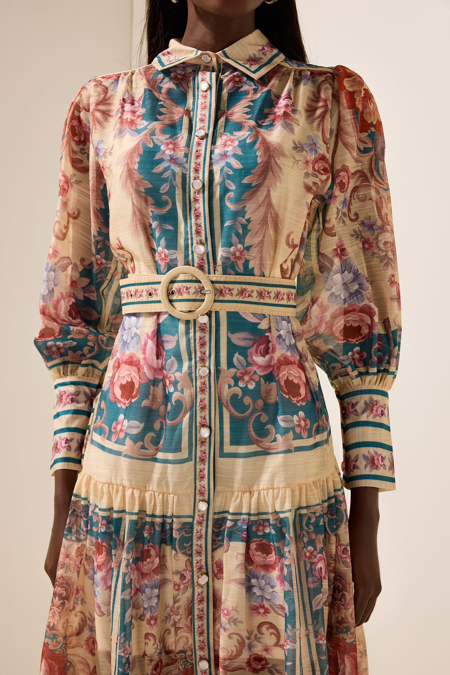 Shirt Collar Floral Lantern Sleeve Midi Dress