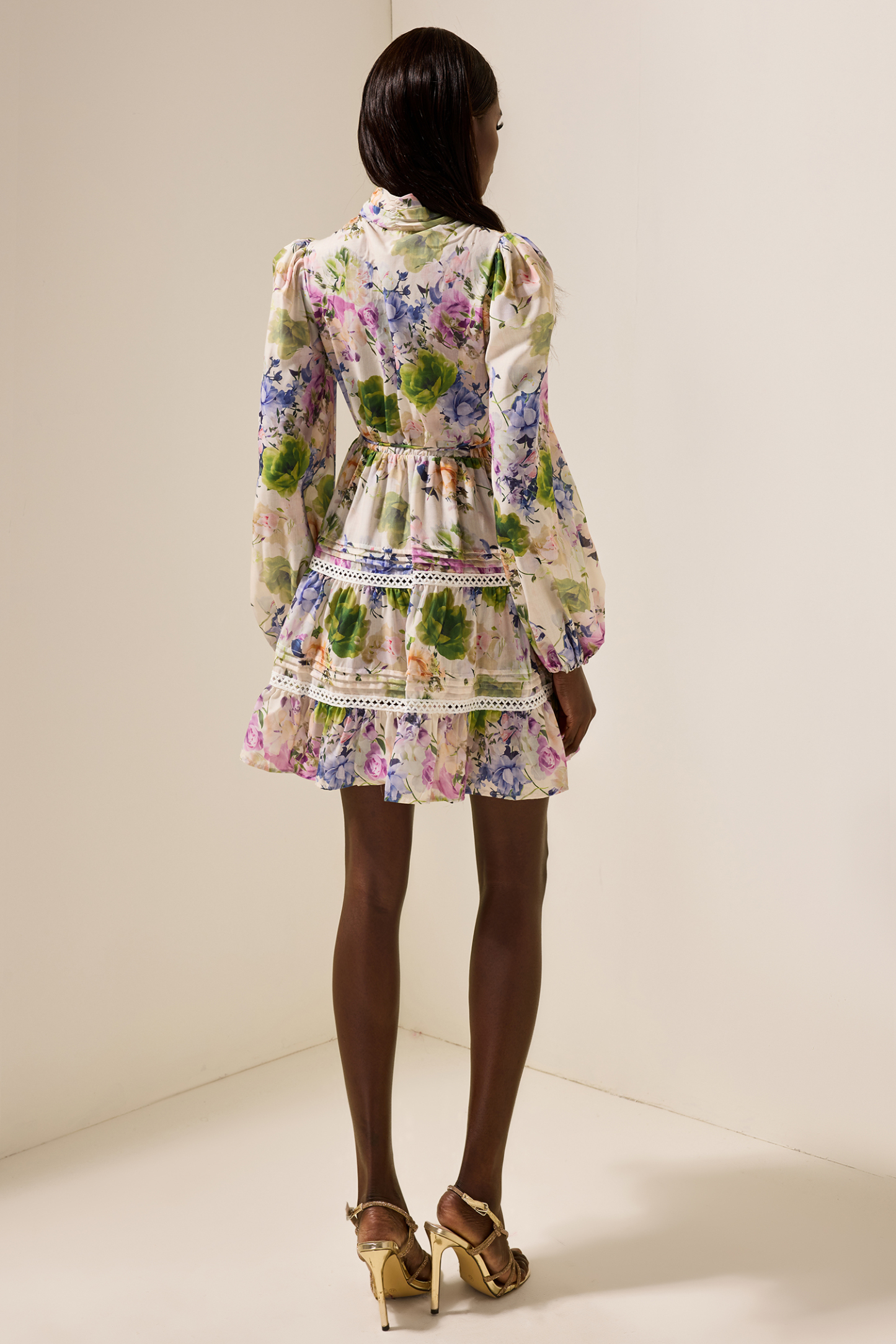 Floral Long Sleeve Stand Collar Mini Dress