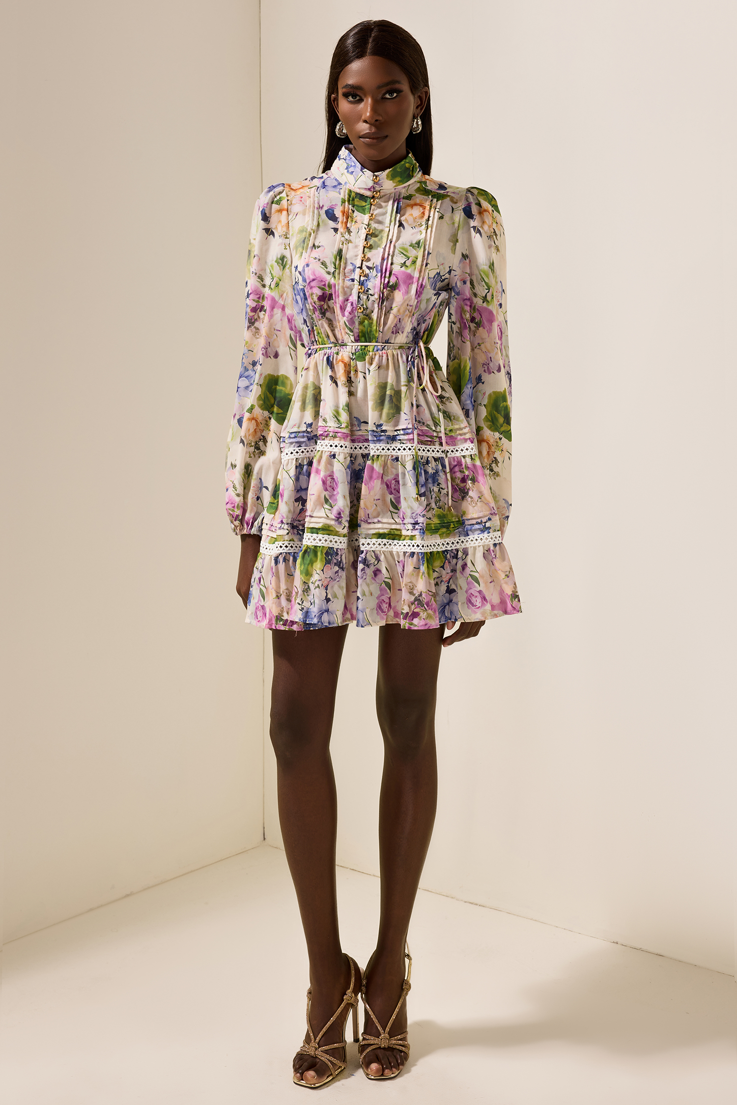 Floral Long Sleeve Stand Collar Mini Dress