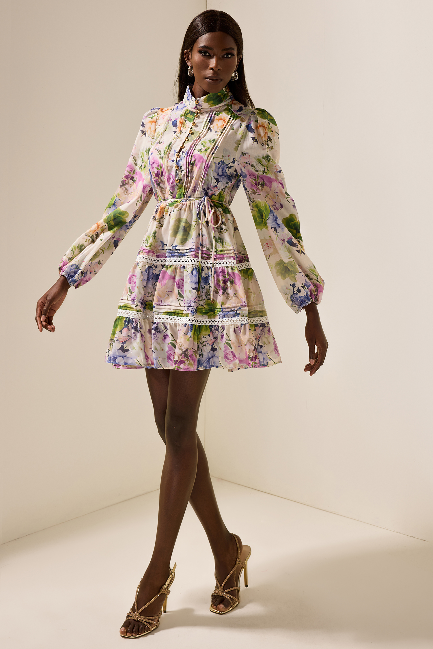 Floral Long Sleeve Stand Collar Mini Dress